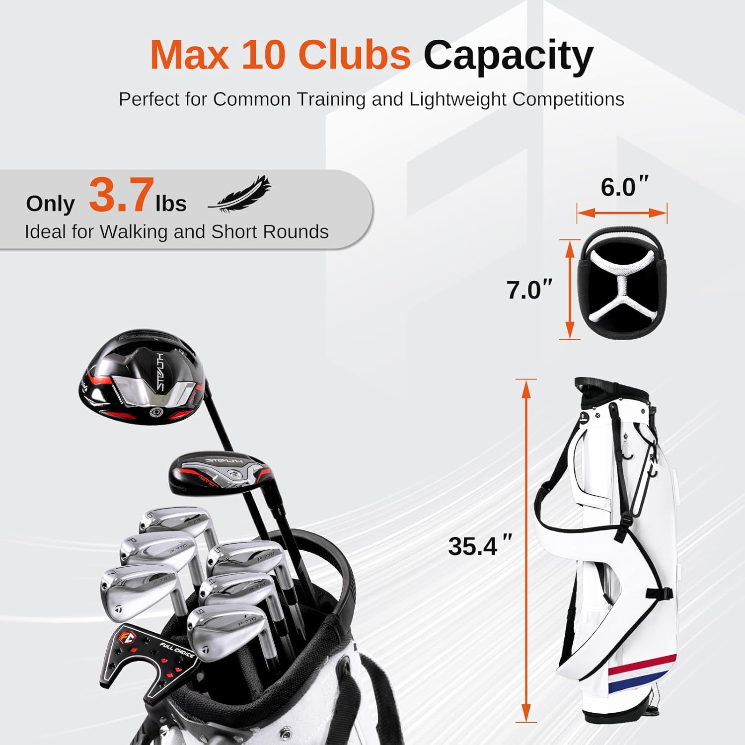 Lightweight Golf Stand Bag, 4-Way Full-Length Dividers, Holds Up to 10 Clubs, 3.7 lbs Golf Bag with Dual Straps & Stand for Driving Range, Par 3, and Standard Courses