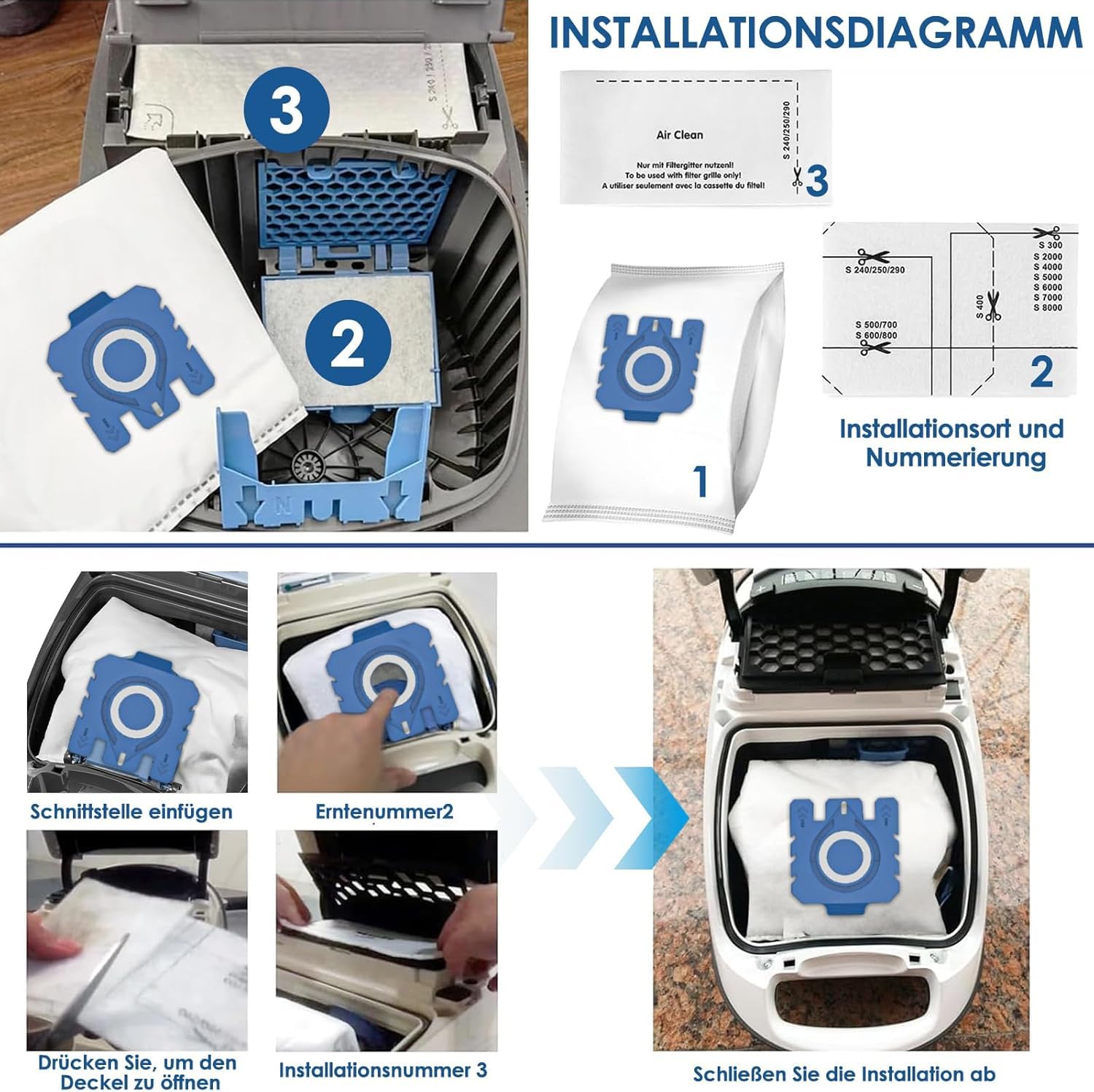 12 sztuk worków na kurz 3D Airclean kompatybilne z Miele Hoover GN Efficiency worki do odkurzacza Miele Complete C3 Complete C2 Classic C1 S2 S5 S8 S400 Series z 6 filtrami 9917730