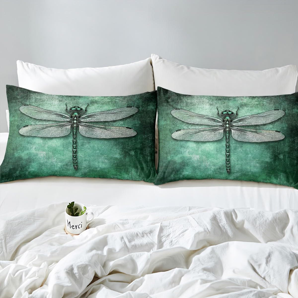 Castle Fairy Dragonfly Duvet Cover Queen Size 3 Pcs Watercolor Green Gray Tie Dye Decor Bedding Set for Kids Teens Adults Wild Natural Creature Rustic Style Comforter Cover with 2 Pillowcases