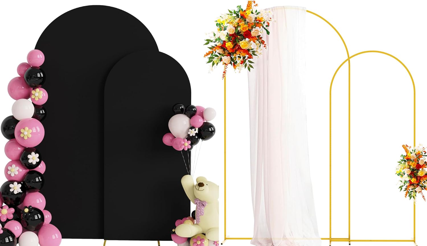 Putros Metal Arch Stand and Wedding Arch Cover Set of 2 Black Spandex Fitted Arch Cover with Round Top Chiara Backdrop Stand for Birthday Party Baby Shower Decoration 7.2FT, 6FT 6FT,7.2FT Black