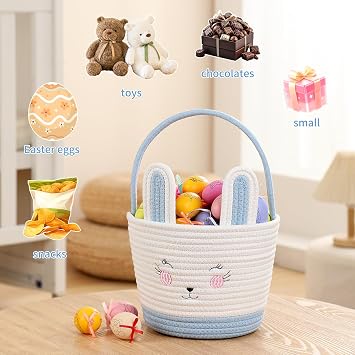 Easter Baskets for Easter Egg with Handle Woven Empty Hunt Boys' Lovely Bunny Rabbit Colorful Woven Basket First Easter Gifts for Boys, Babies, Kids, and Children (Blue)