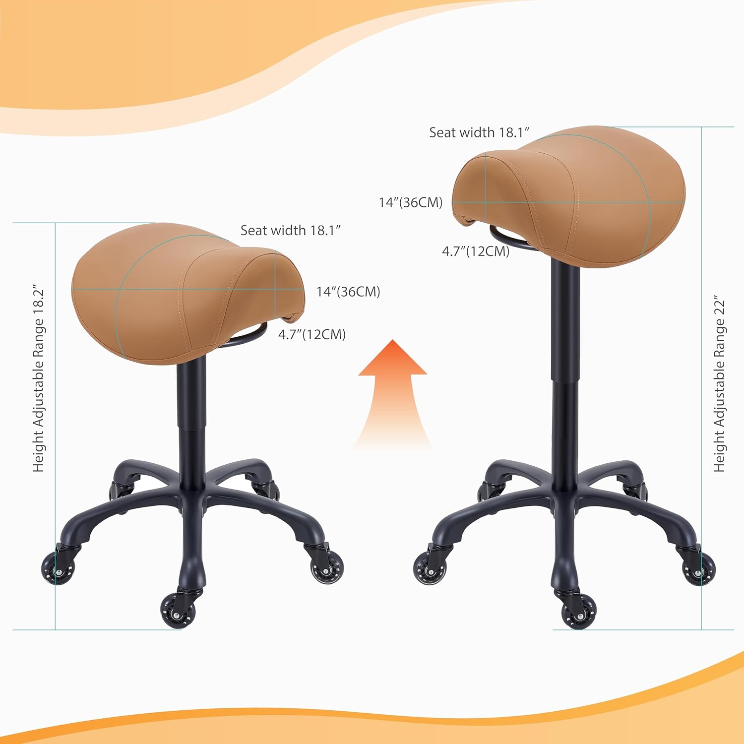 Saddle Salon Stool with Wheels,Heavy Duty Adjustable Rolling Stool for Barber, Tattoo, Nail,Spa,Dentist(Brown) - Image 2