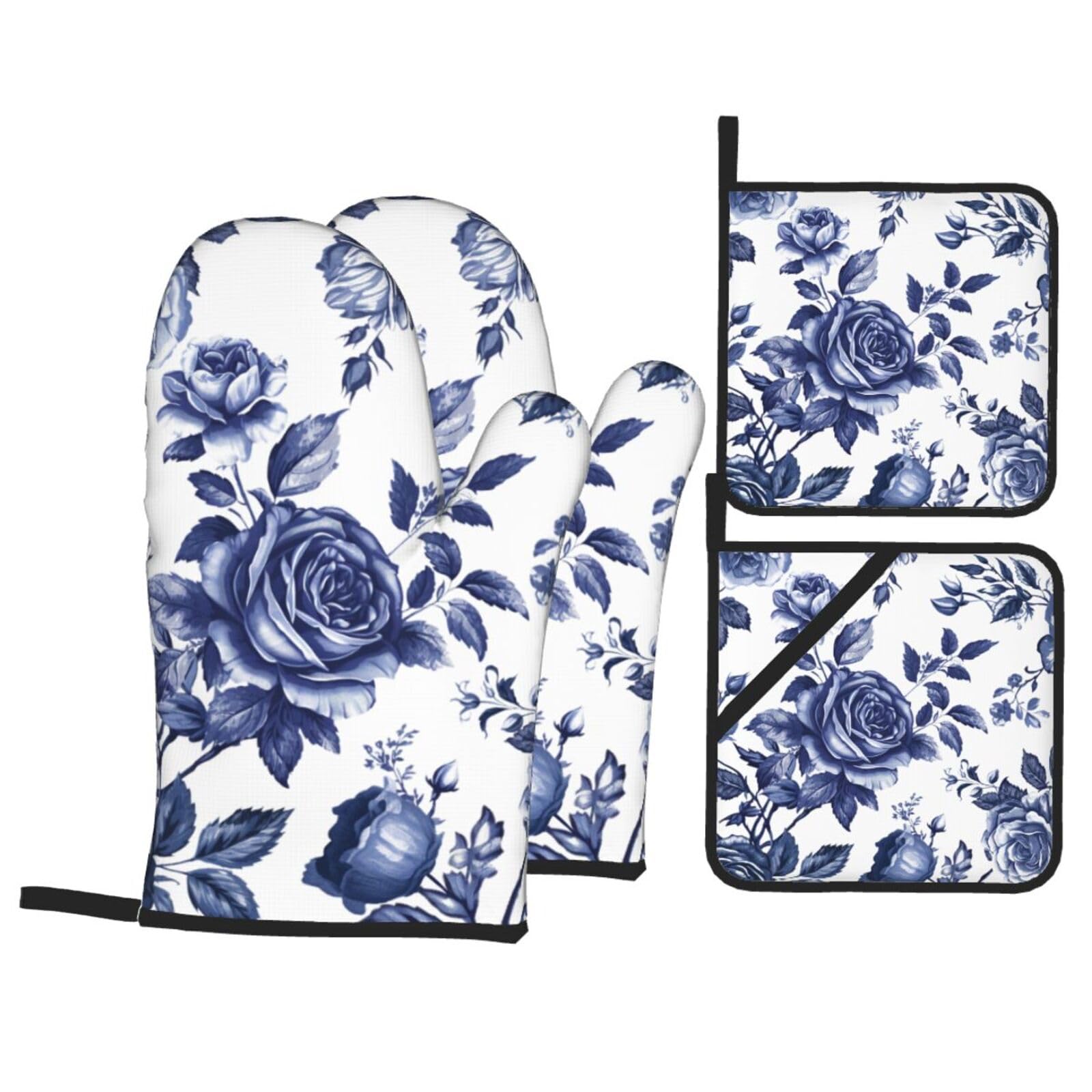 Navy Blue Floral Oven Mitts and Pot Holders Sets - Vintage Rose Kitchen Mitts Potholders 4 Pack Heat Resistant Chinoiserie Flower Oven Gloves Hot Pads for Kitchen Baking Grilling Party