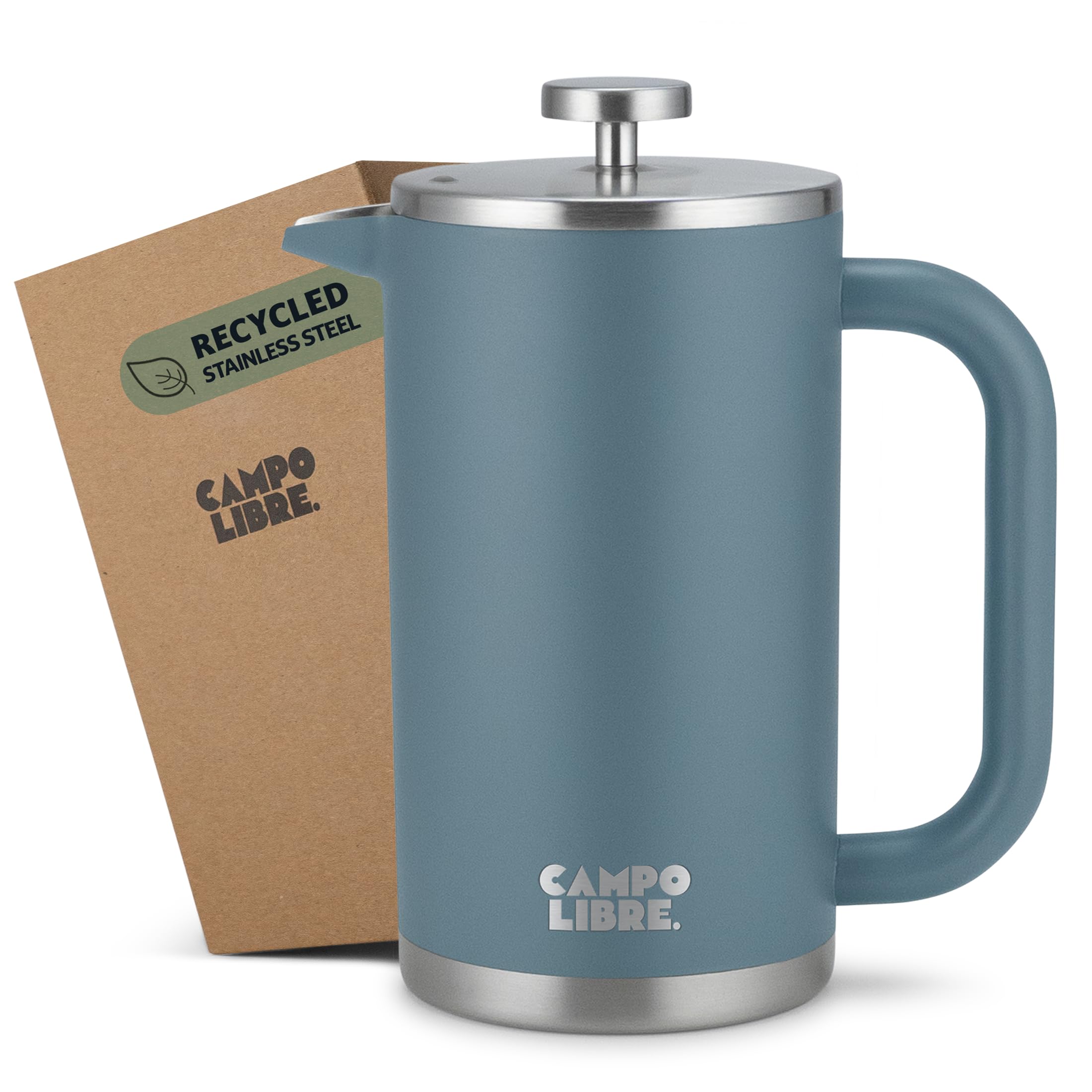 Campo Libre.® Giorgio. French Press, Coffee Press – 1000ml Stainless Steel Cafetiere, Double-Wall Insulated, Plastic-Free, Thermal Coffee Maker with Spare Filter – Dishwasher safe - Recycled Steel.