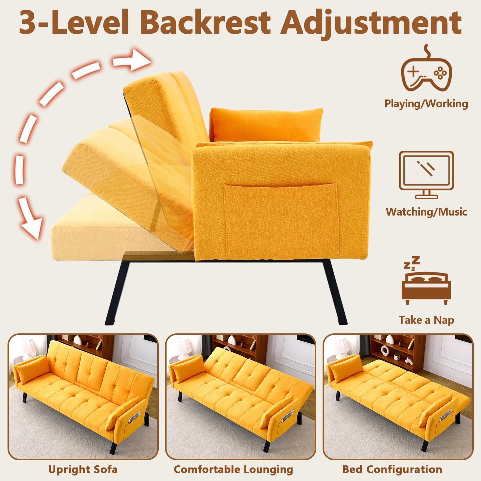 72" Cotton-Linen Futon Couch Living Room Couch Bed Convertible Sleeper Sofa Bed with Cup Holder for Bedroom Guest Bed 2 Seater Reclining Sofas Couches with Nailhead Trim for Small Space (Yellow)