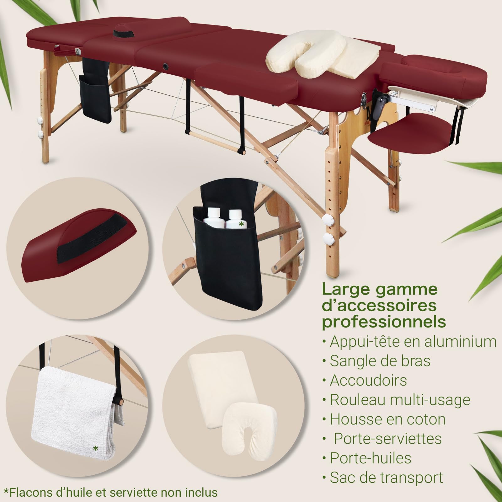 MASSUNDA All INKL Chaise de Massage Pliante et réglable en Hauteur – Table de Massage Mobile en Bois Massif avec Housse en éponge, accoudoirs et dossiers, appuie-tête Ergonomique (Bordeaux)