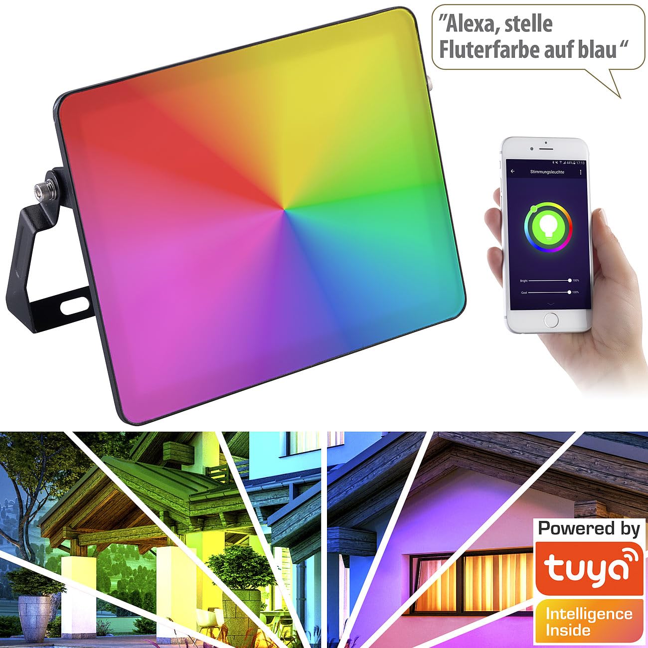 Luminea Home Control LED-Strahler mit App: 4er-Set WLAN-Fluter, RGB-CCT-LEDs, App, 3.750 lm, 50 W, IP65 (RGB-Strahler außen, Flutlicht mit WiFi, PC)