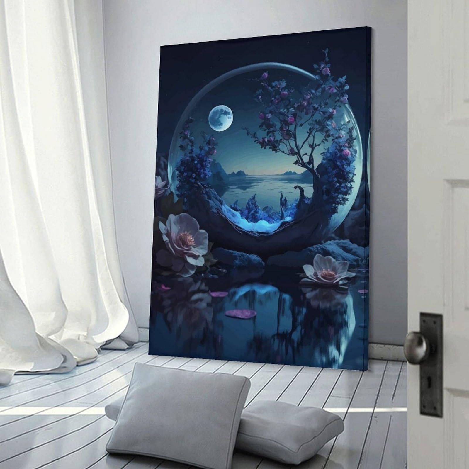 Junmoney Enchanted Nightscape in Glass Orb Hanging Wall Art 12x18inch(30x45cm), for Front Hall, Corridor Or Welcome Spaces, Wall Decor to Refresh Empty Corners
