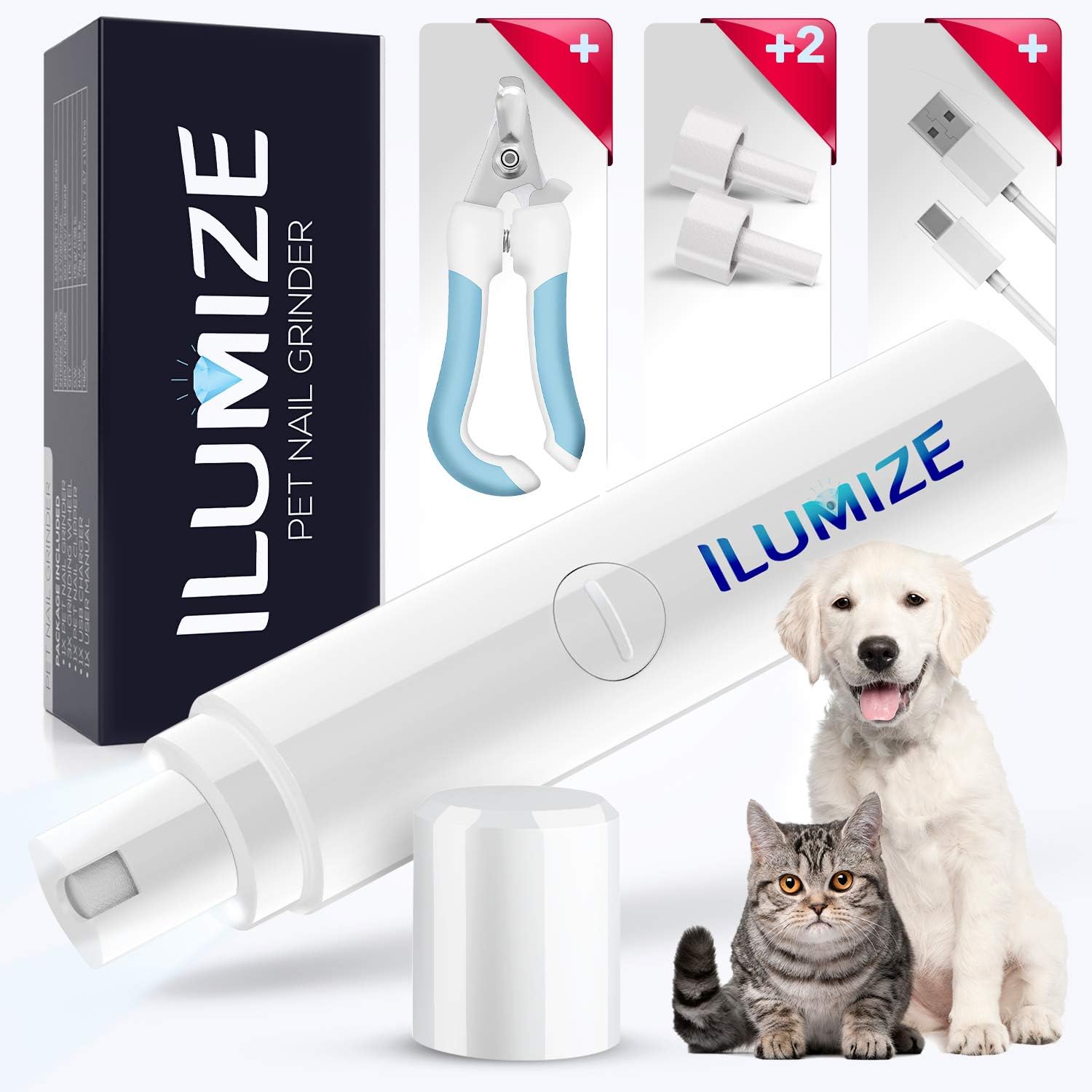 ILUMIZE Dog Nail Grinder Clipper for Small, Medium, or Large-Sized Dogs and Cats - Painless Paw Grooming and Smoothing - Whisper Quiet Technology Motor with 2 Speed Modes - Dual Led Light (White)