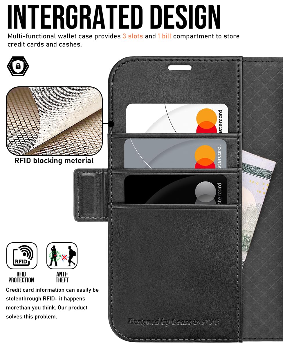 OCASE for iPhone 16 Pro Case, PU Leather Wallet, Magnetic Flip Folio Cover with RFID Blocking, Card Holders, Shockproof TPU - Image 3