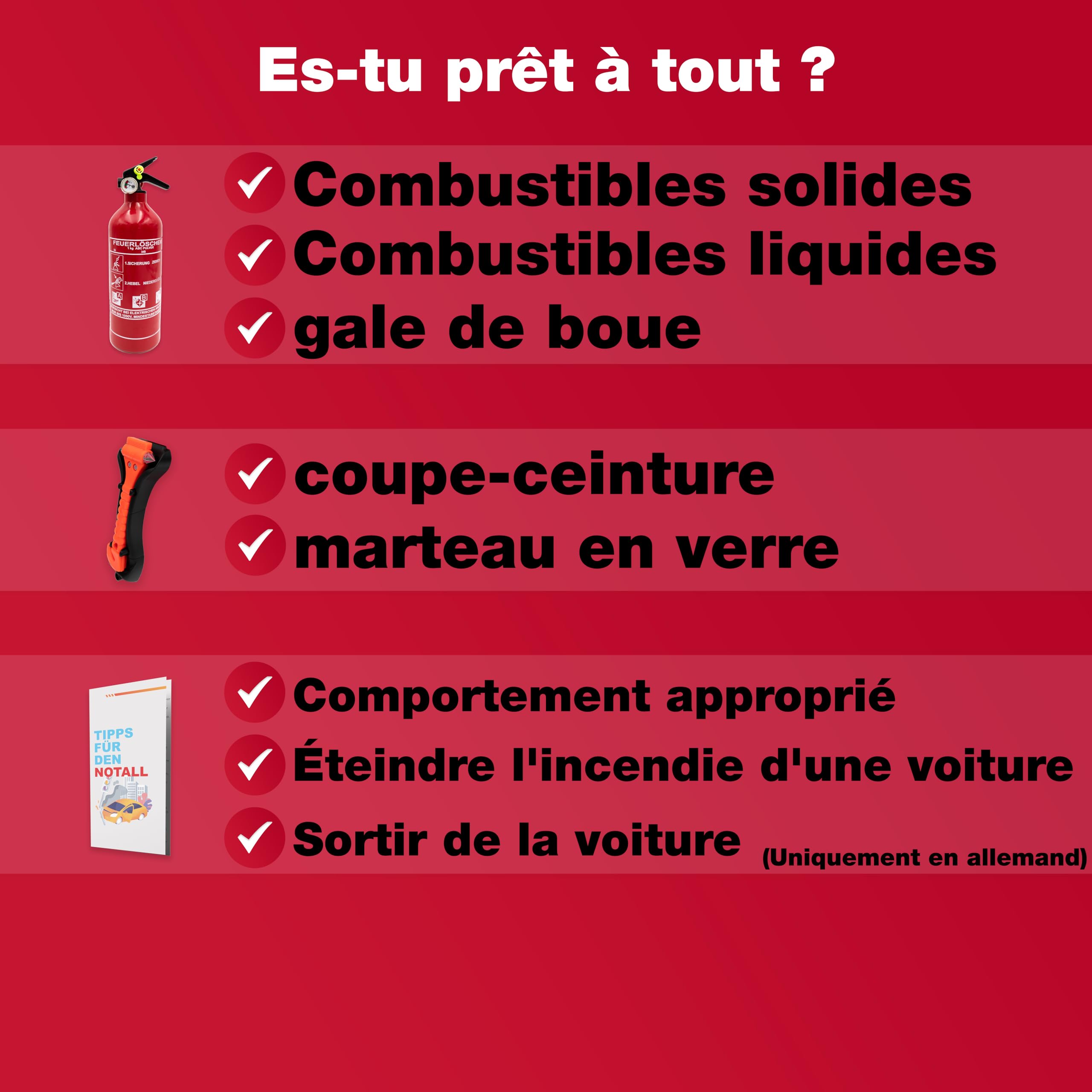 Extincteur pour voiture 1kg + Marteau d'urgence avec coupe-ceinture [CARTE D'URGENCE INCLUSE] - Contrôle qualité strict - Marteau de secours, Extincteur pour voiture, véhicule, petit