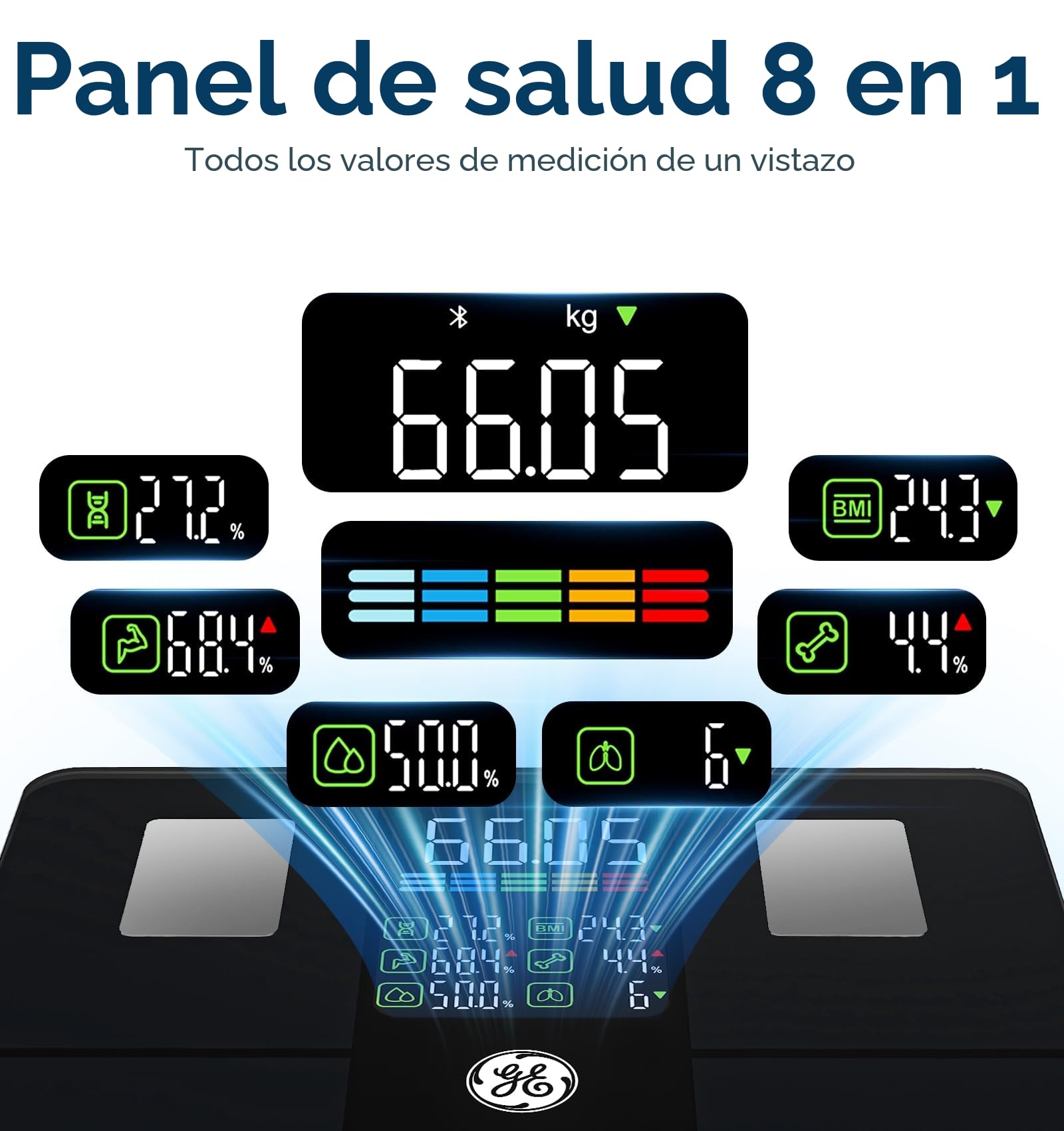 GE Bascula Grasa Corporal y Muscular, Digital Bascula Inteligente con Aplicación 14 Medidas Corporales IMC Bluetooth Báscula de Baño Precisa 180 kgs Black