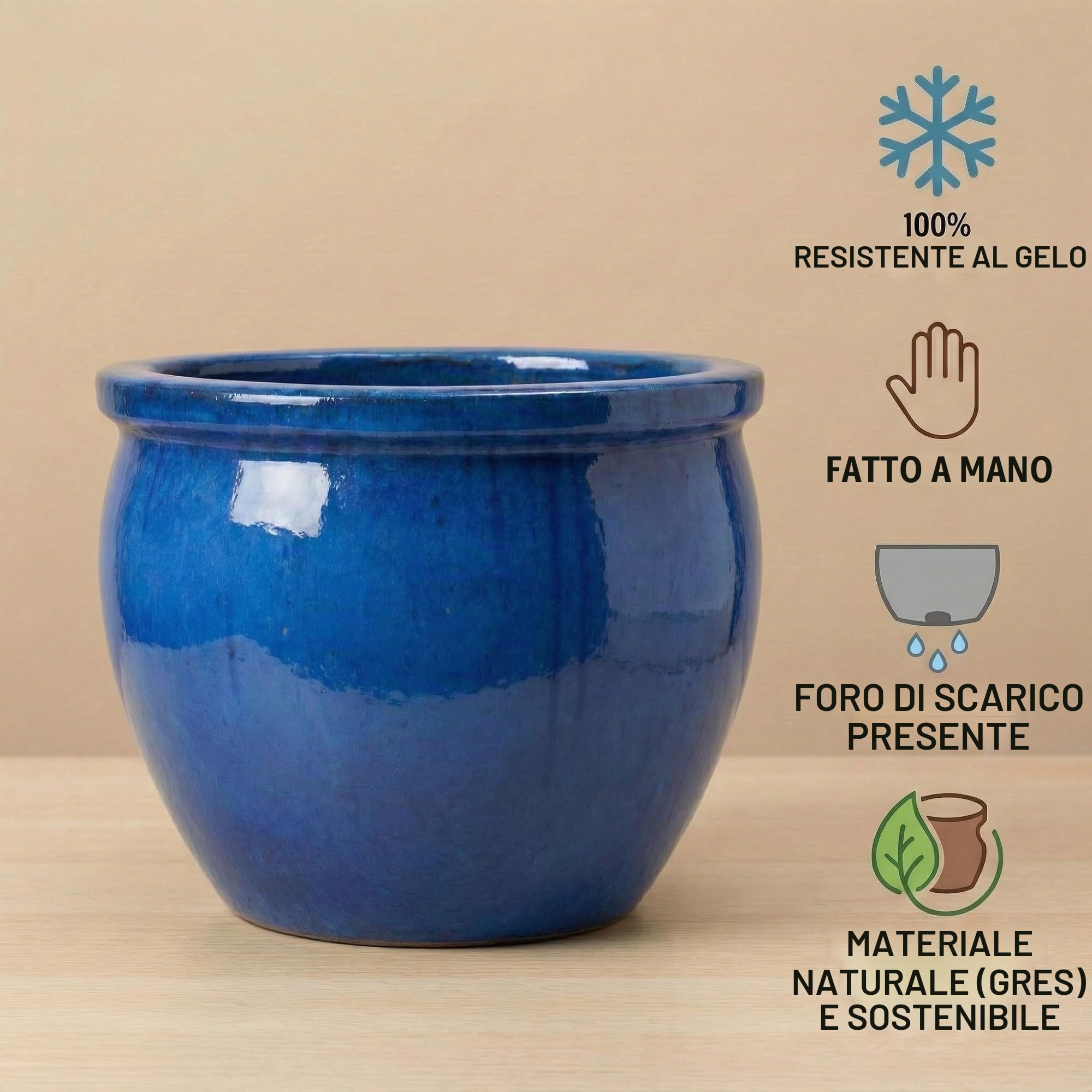 Teramico Vaso per piante in gres fatto a mano, in ceramica, resistente al gelo con foro di scarico, resistente alle intemperie, ideale per interni ed esterni (blu reale, 29 cm x 23 cm)