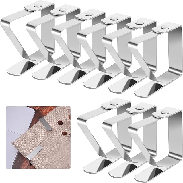 FUYOAL 12 Pcs Tablecloth Clips, Stainless Steel Table Cloth Clips Adjustable Table Cover Clamps Table Cloth Holders for Outdoor Home Picnic BBQ Garden Weddings