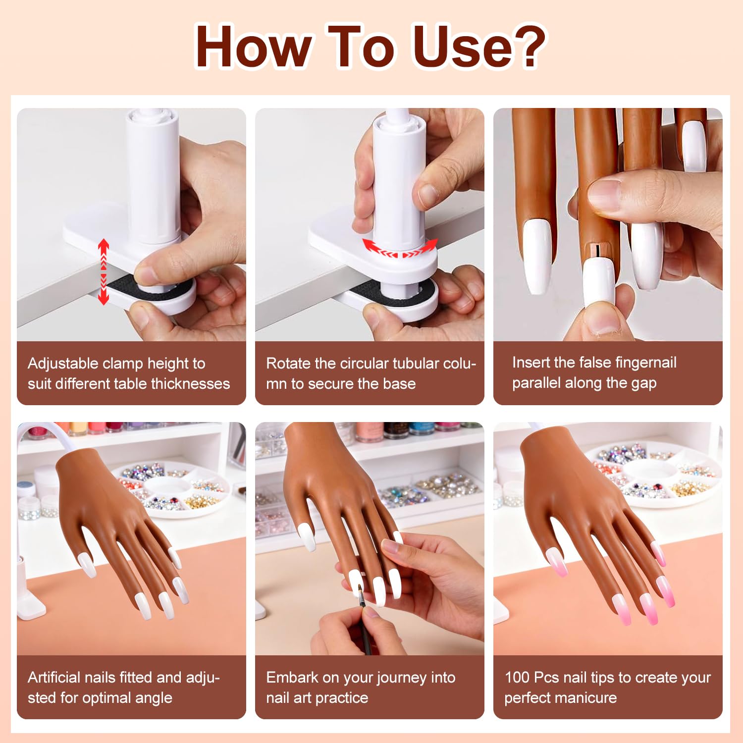 Juego de uñas acrílicas con mano de práctica y 100 uñas de repuesto – Kit profesional de manicura para uñas postizas, extensión de uñas, polvo acrílico, cepillo, diamantes de imitación y almohadilla