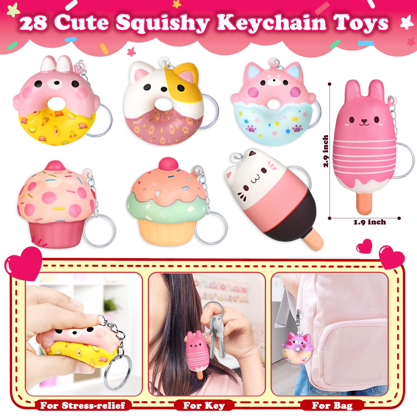Toidgy 28 Pack Valentines Day Gifts for Kids, Valentines Cards for Kids Classroom Exchange Gift with Dessert Squishy Toys Keychains, Valentines Party Favors and Prizes for Boys Girls