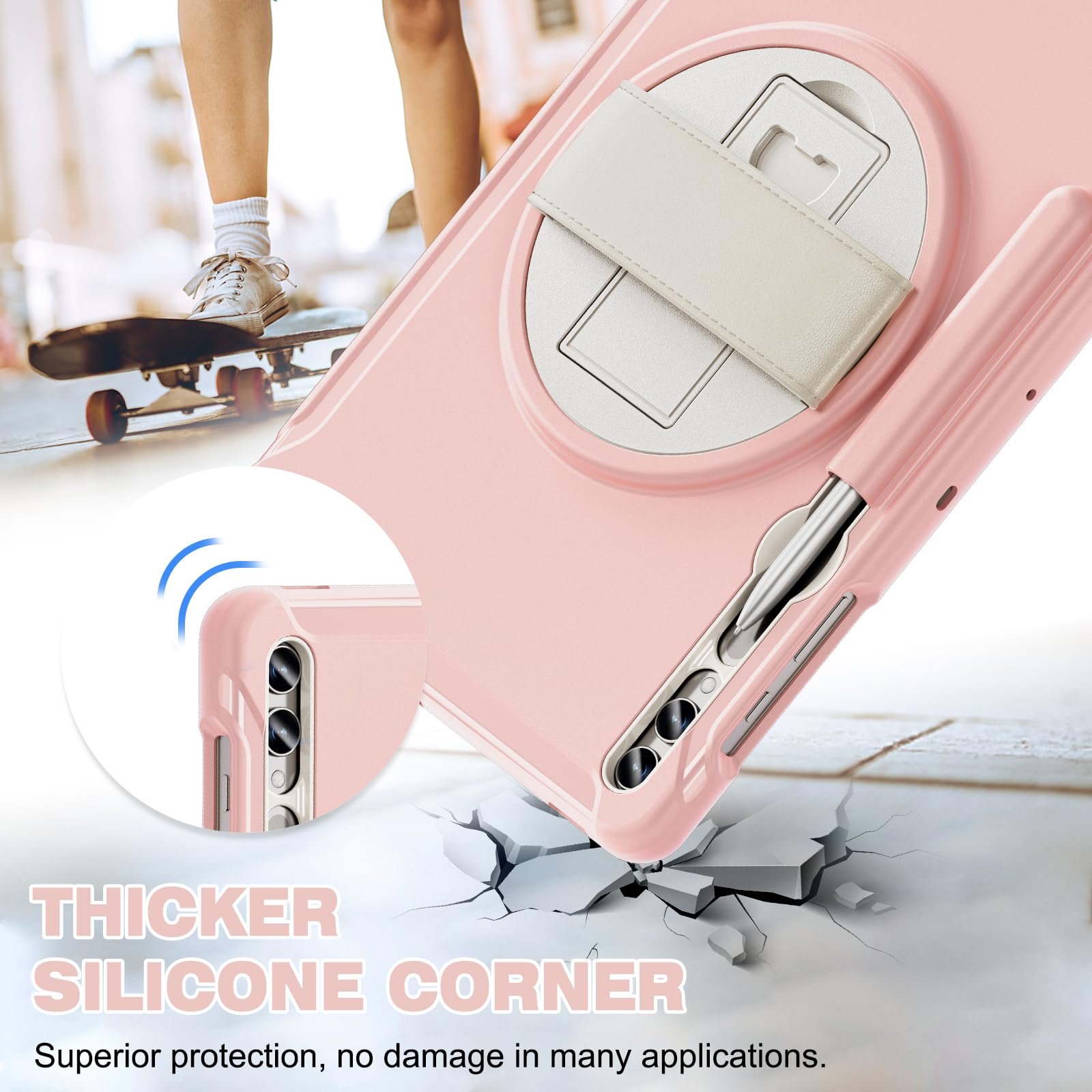 Junfire Schutzhülle für Samsung Galaxy Tab S9 Plus/S8 Plus/S7Plus/S7FE/S9 FE Plus, 12,4 Zoll Tablet Cover mit Kickstand, Handschlaufe, Stylus Halter, Rosa