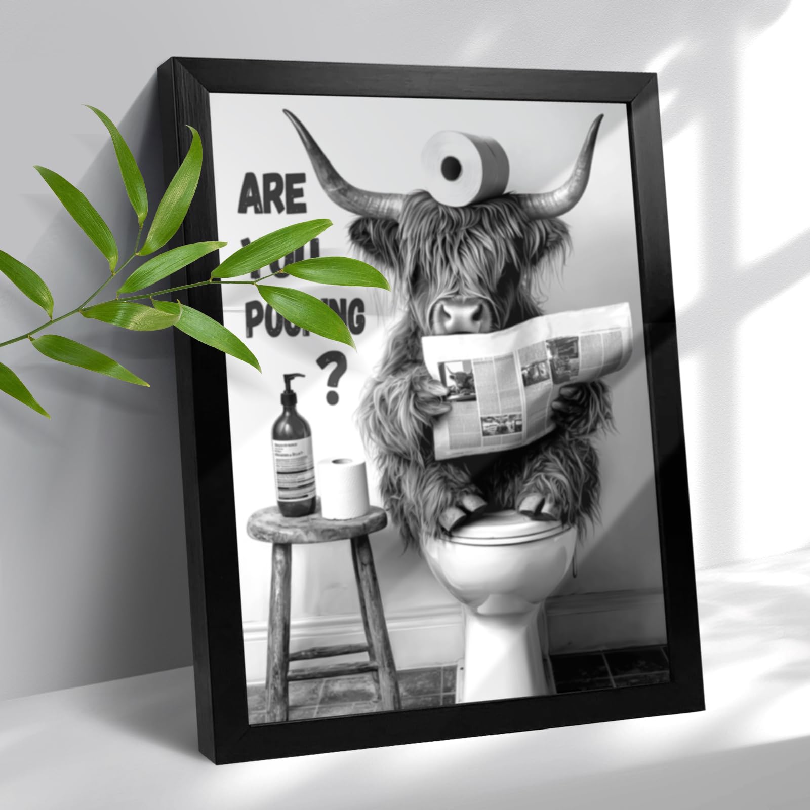 Funny Highland Cow Bathroom Framed Wall Art Black and White Highland Cow in Toilet Bathroom Wall Decor Pictures Prints Painting Cute Animal Canvas Artwork For Home and Office Restroom 12"x16"