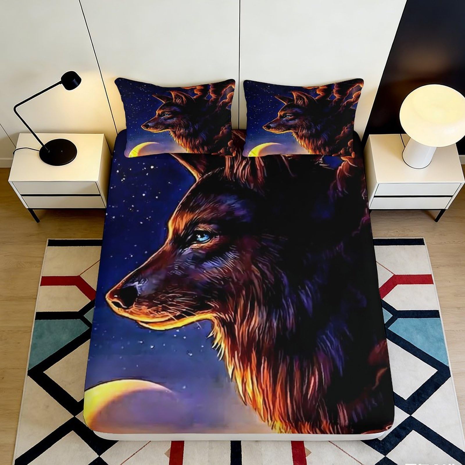 3D Printed Wolf Night Sky Fitted Sheet Microfiber Soft Durable Moonlight Bed Cover for Bedroom Dormitory Guest Room Mattress Protection 180x200x25cm