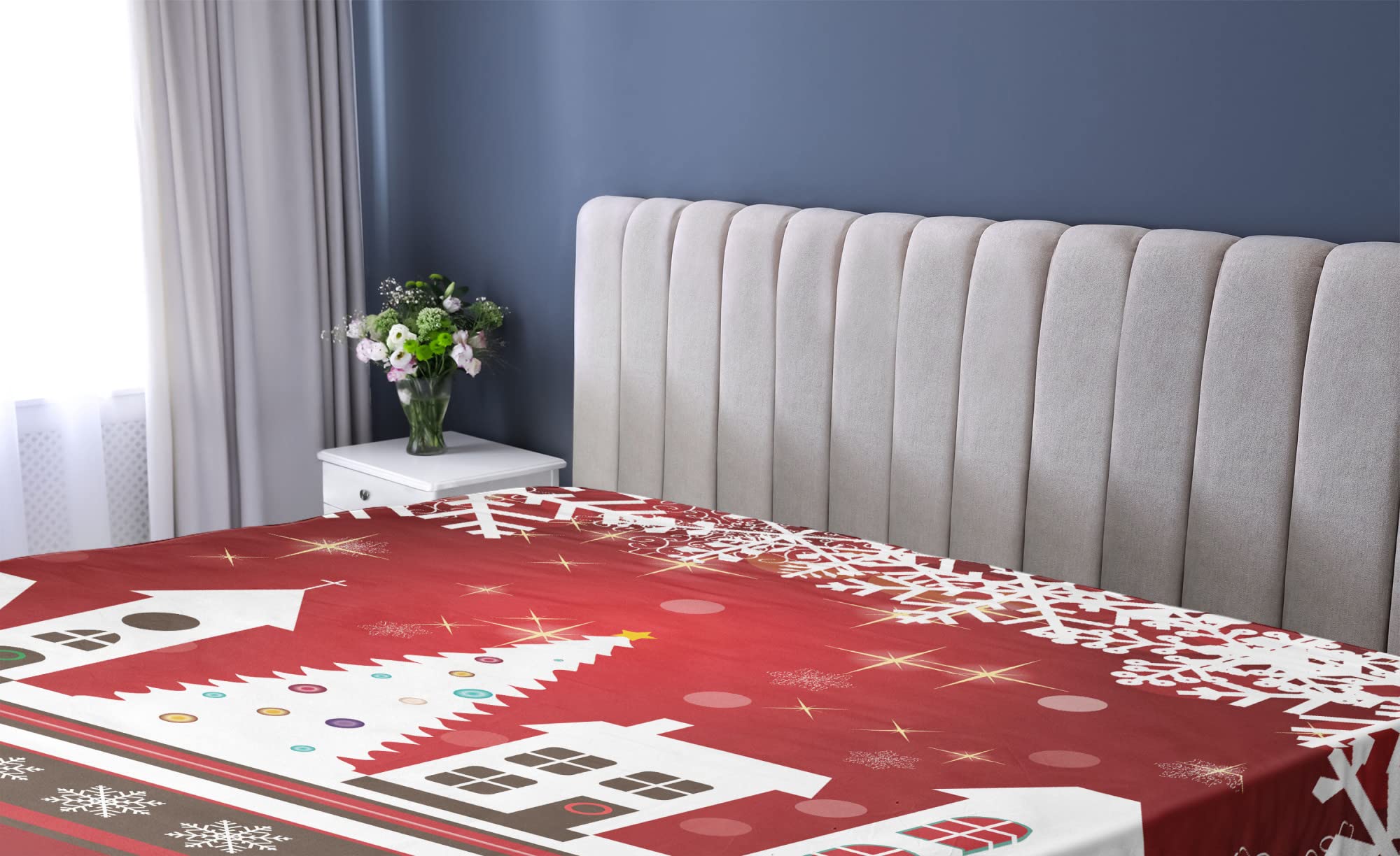 Ambesonne Christmas Fitted Sheet, Winter Holidays Theme Gingerbread House Trees and Snowflakes Art Print, Bed Cover with All-Round Elastic Pocket for Comfort, California King, White Red