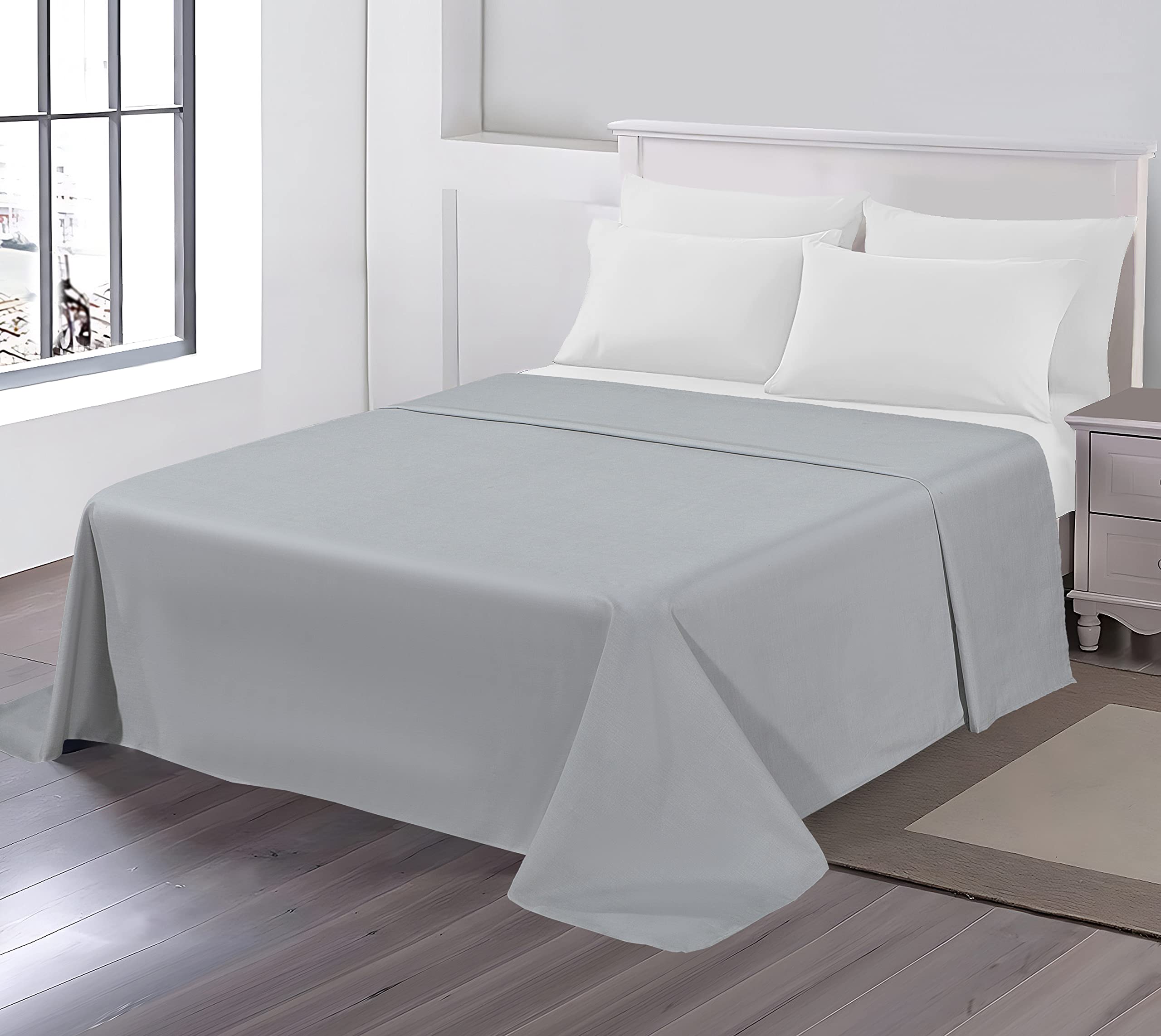 Non Iron Plain Dyed Percale Flat Sheet 180 Thread Count Polycotton (King, Silver)
