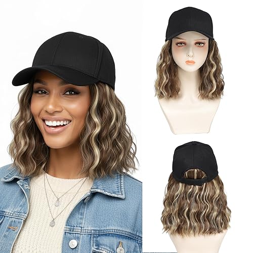 Synthetic Wig Hat with Natural Wave Hair Extensions Attached for