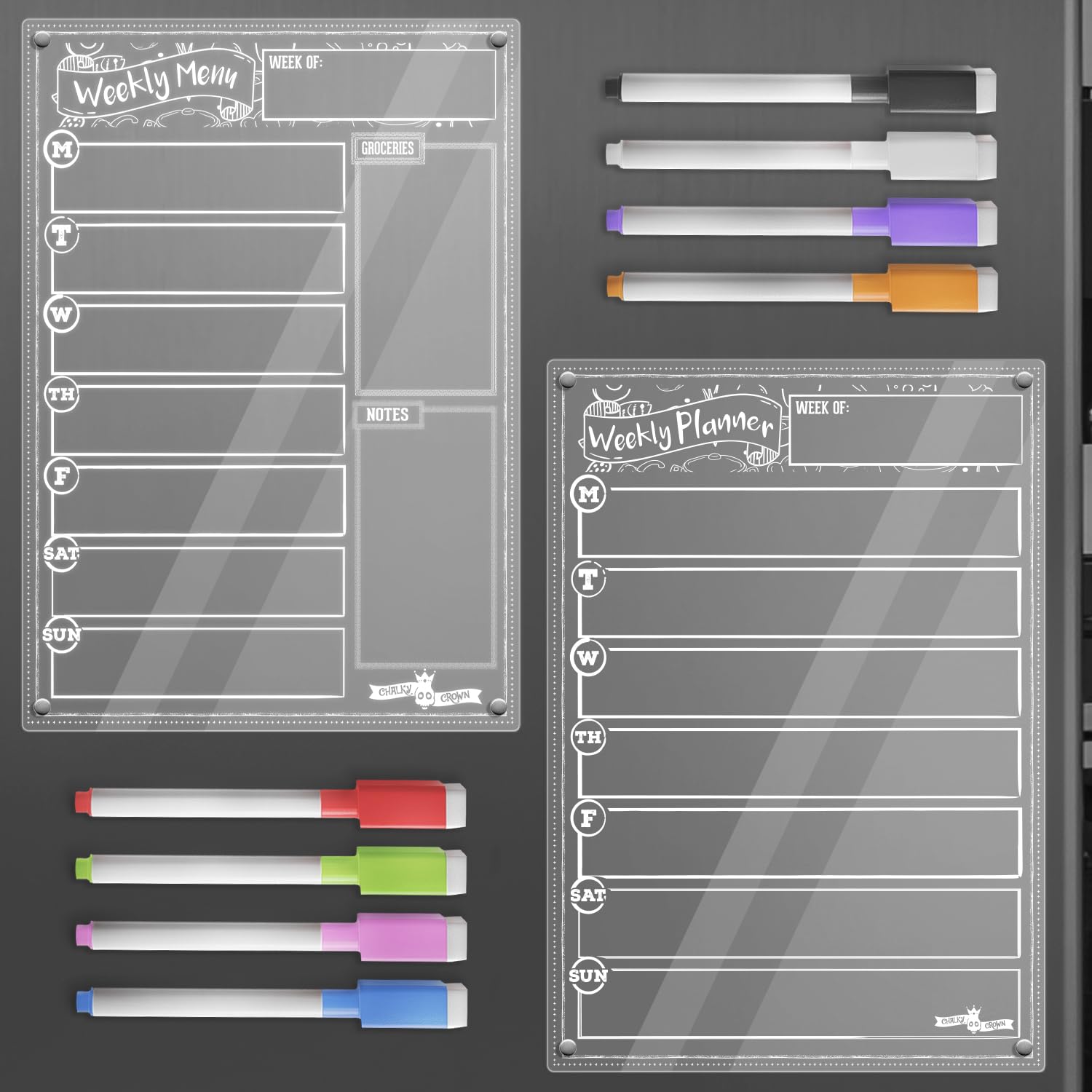 CHALKY CROWN Acrylic Magnetic Weekly Planner for Fridge Plus Menu Board for Kitchen with 8 Magnetic Markers - Dry Erase Board for Fridge - Weekly Meal