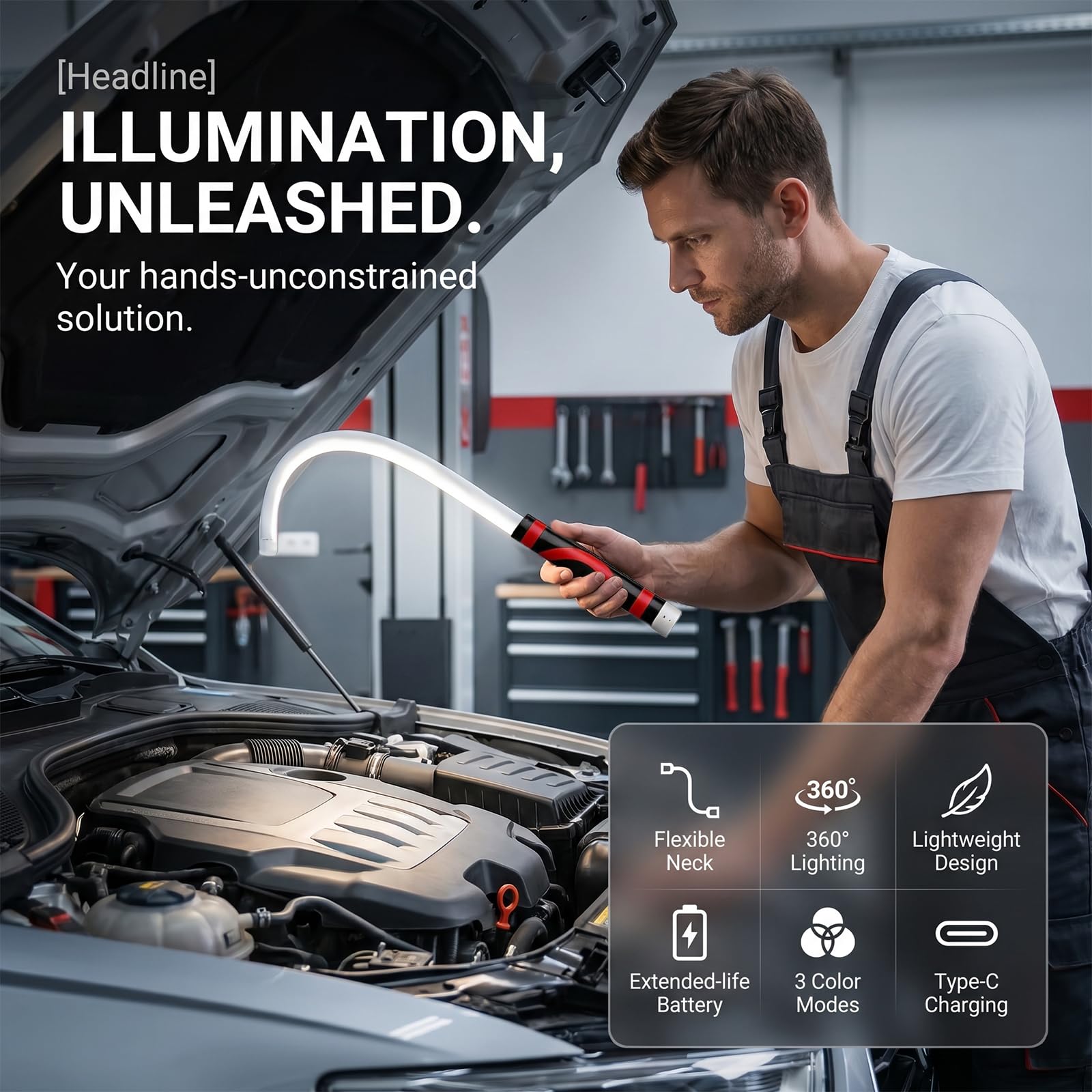 HENGBIRD Lampada da Lavoro LED Flessibile Barra Luminosa LED Lampada Officina e Lampada Auto - Torcia Meccanico Ricaricabile Type-C 74,5 cm 300 Lumen 3 Livelli per Garage e Casa