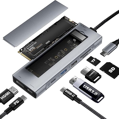 (8 en 1) Hub USB-C con carcasa SSD M.2 NVMeSATA, adaptador multipuerto USB C 4K para portátil y Macbook, USB C a USB3.1 PD3.0 HDMI SDTF lector de