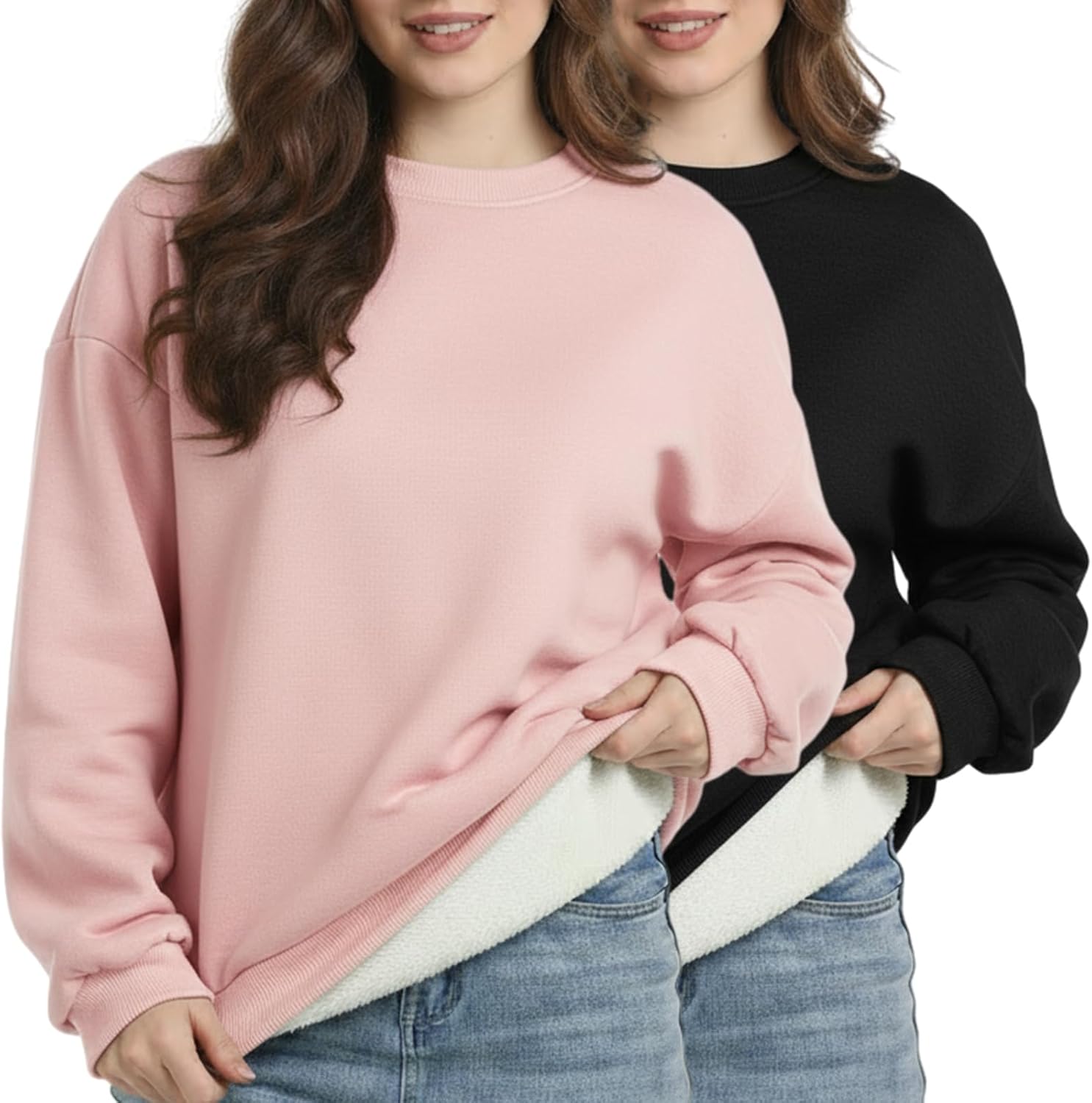 2 Pack Women's Sherpa Lined Sweatshirts Crewneck Fleece Pullover Long Sleeve Tops Winter Soft Sweatshirts no hood