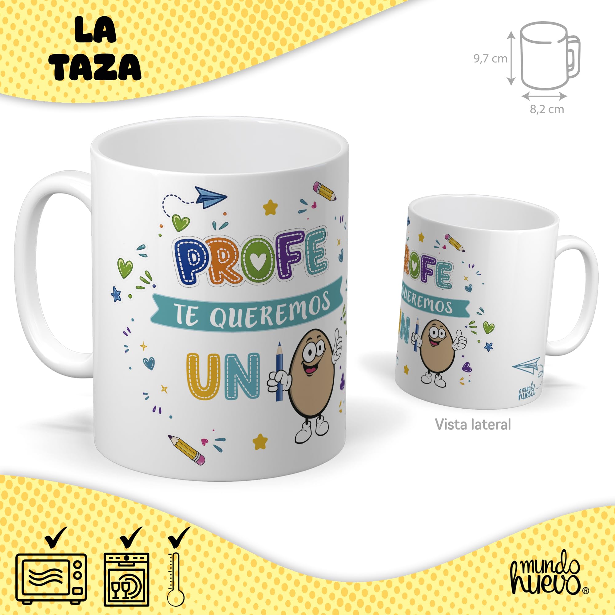 Mundohuevo Taza Personalizada PROFE TE Queremos UN Huevo 350 ml + Caramelos de Broma PROFEROFENO 12 sztuk