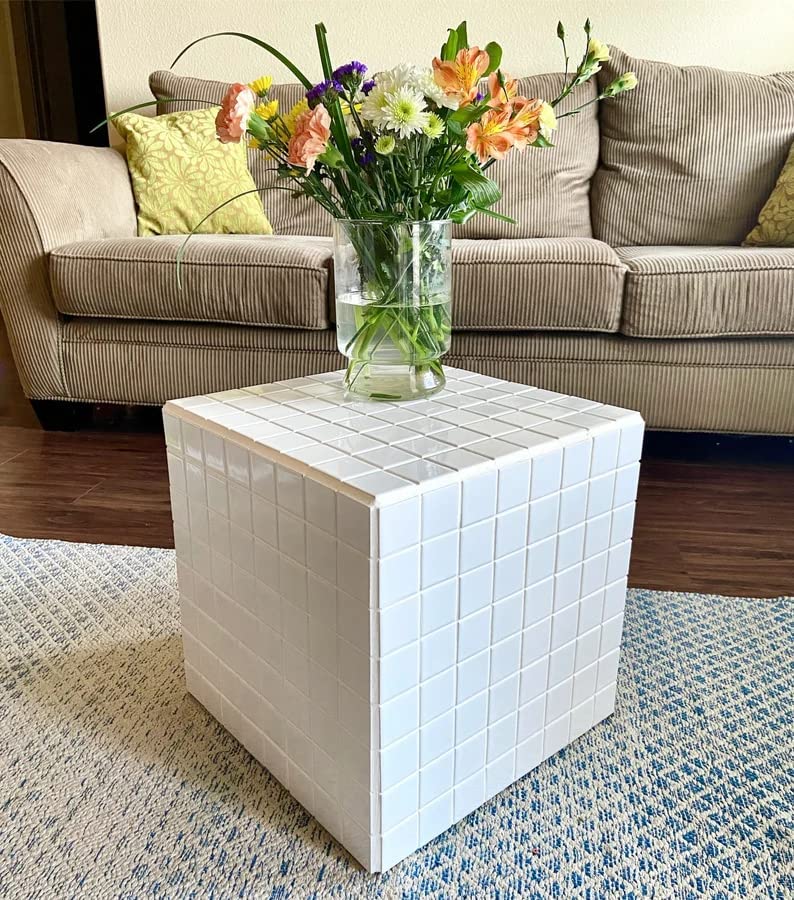 Image of Tiled Cube Accent Bedside Table Coffee Stand Home Storage Organizer for Living Room Bedroom (White, Engineered Wood)