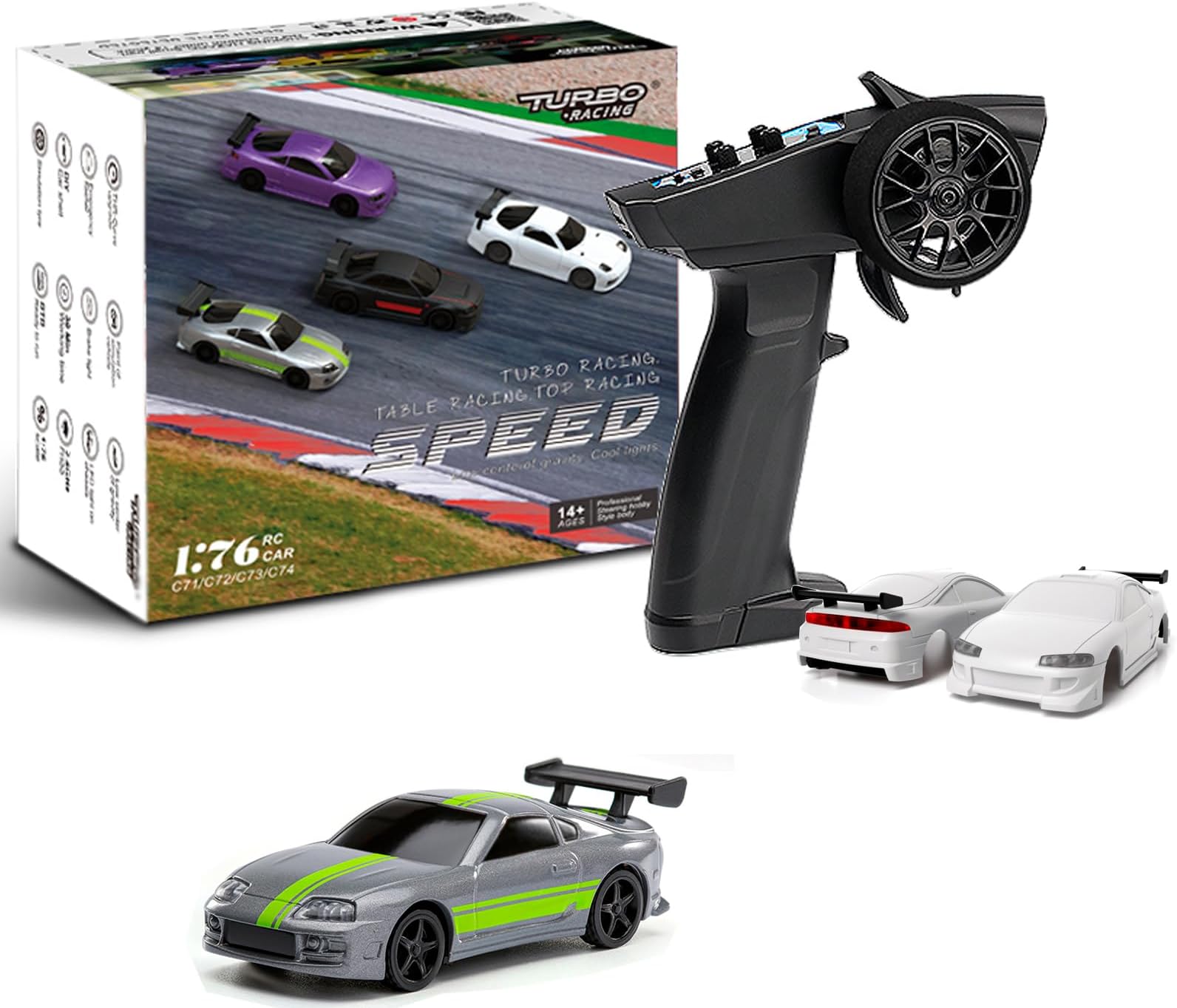 FLYCOLOR Turbo 1/76 Scale Mini RC Car with 2.4G Remote contorl Classic LED Lights Full Proportional Vehicles Models (C73-Grey)