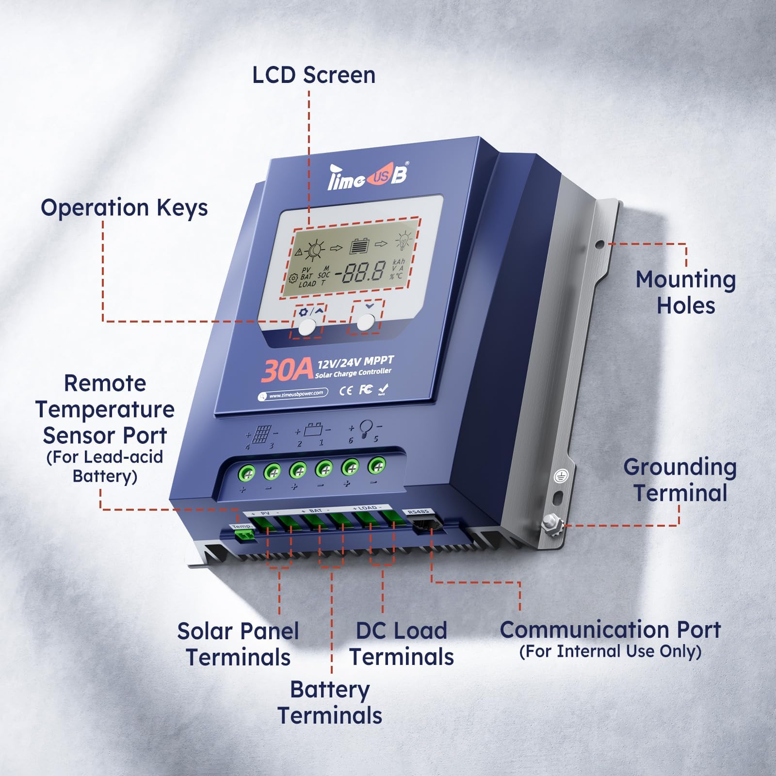 Timeusb Controlador de carga solar MPPT de 30 amperios, 12 V/24 V, entrada de CC automática, eficiencia de seguimiento del 99% MPPT y carga rápida, controlador MPPT de 50 V con pantalla LCD para