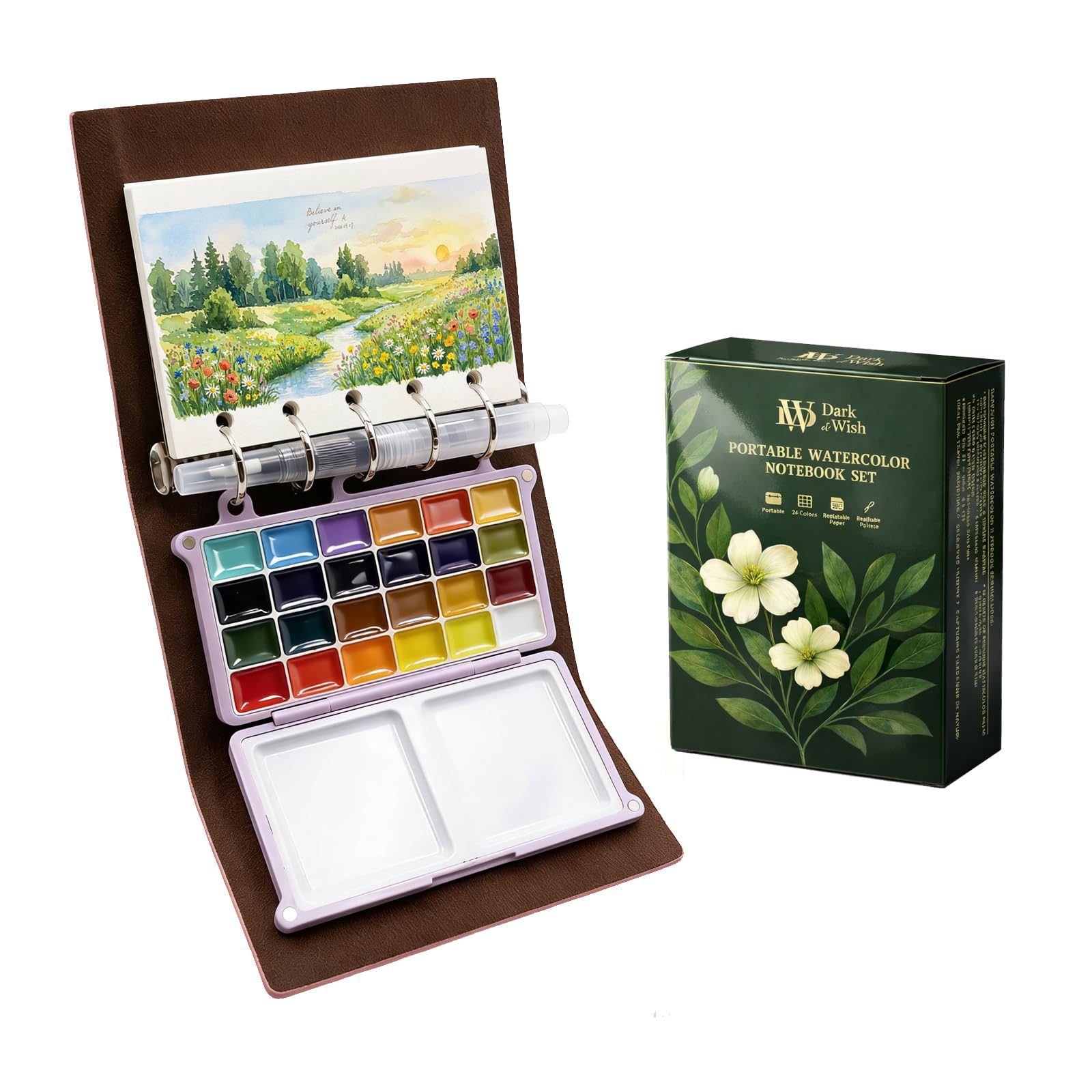 DarkWish Set di Mini Album da Disegno da Viaggio per acquerelli, 24 Colori e Pennello ad Acqua, in Pelle PU, Blocco Tascabile per Schizzi Urbani con Carta Bianca da 300 g/m², Regalo Plein Air per