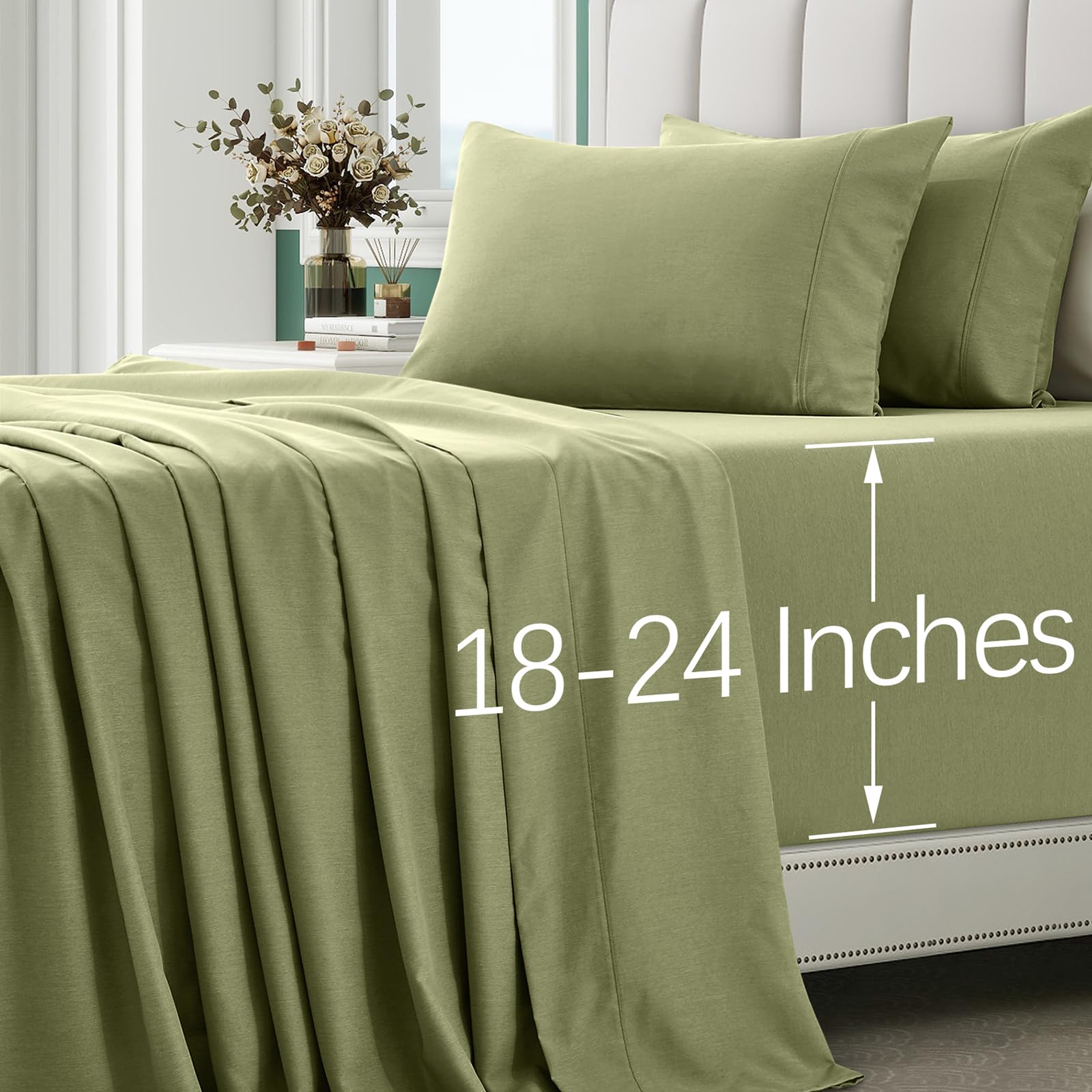 Photo 1 of 4pcs Extra Deep Pocket Queen Sheets, Rayon Derived from Bamboo Sheets, Olive Green Sheet Set 18-24 Inch Deep Pocket Bed Set, Cooling & Silky Bedding Set Soft & Ultra Deep Fitted Sheet Set EXTRA DEEP pocket - Queen size Olive Green