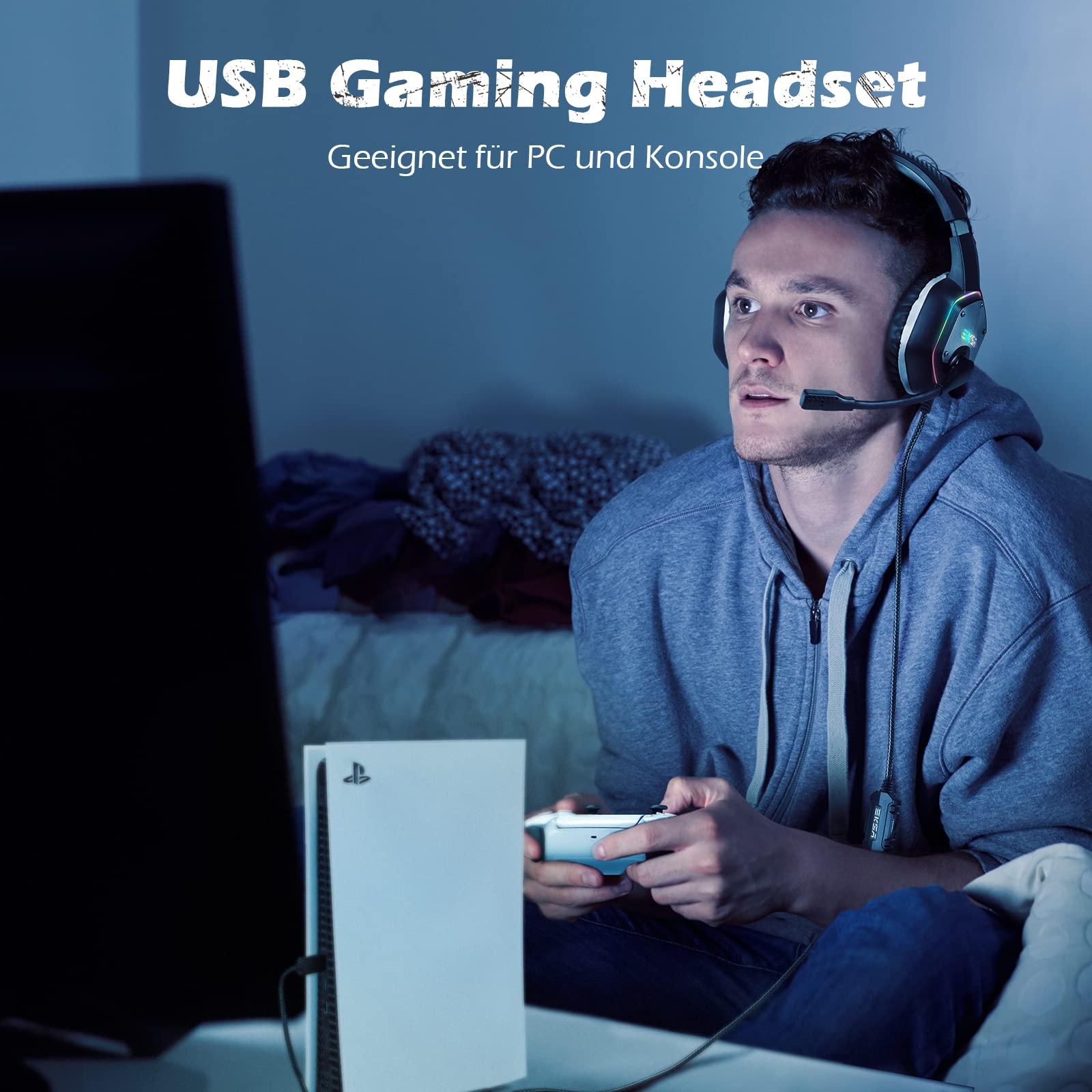 EKSA E1000 USB Cuffie Gaming per PC, Cuffie PS5 con Microfono，Cuffie da Gaming ENC Cancellazione del Rumore,Wired Headset with Mic Suono Surround 7.1,RGB Black