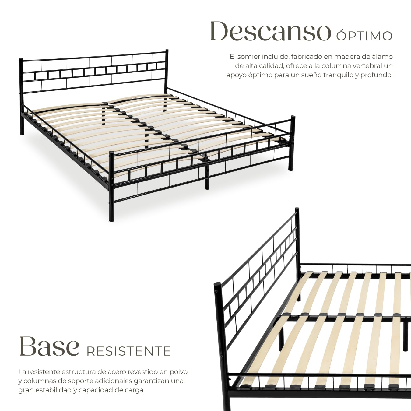 tectake® Cama Matrimonio Estructura de Acero Robusto con Somier de Láminas de Madera, Muebles de Dormitorio, Cama Completa, Resistente, Fácil de Limpiar, Base de Cama - 180 x 200 x 76 cm Negro