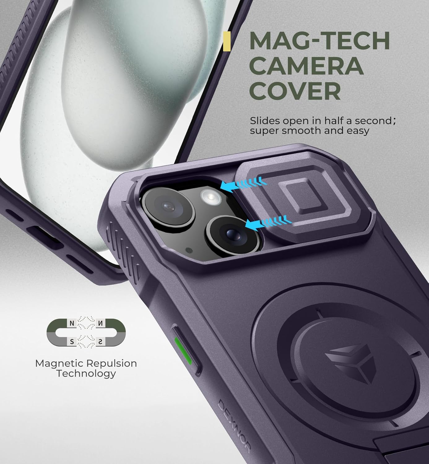 Dexnor for iPhone 15 Case with Slide Camera Cover & Adjustable Kickstand, Compatible with MagSafe, Rugged Shockproof Bumper Cases Heavy-Duty Magnetic Protective Cover,6.1 inch,Phantom Purple