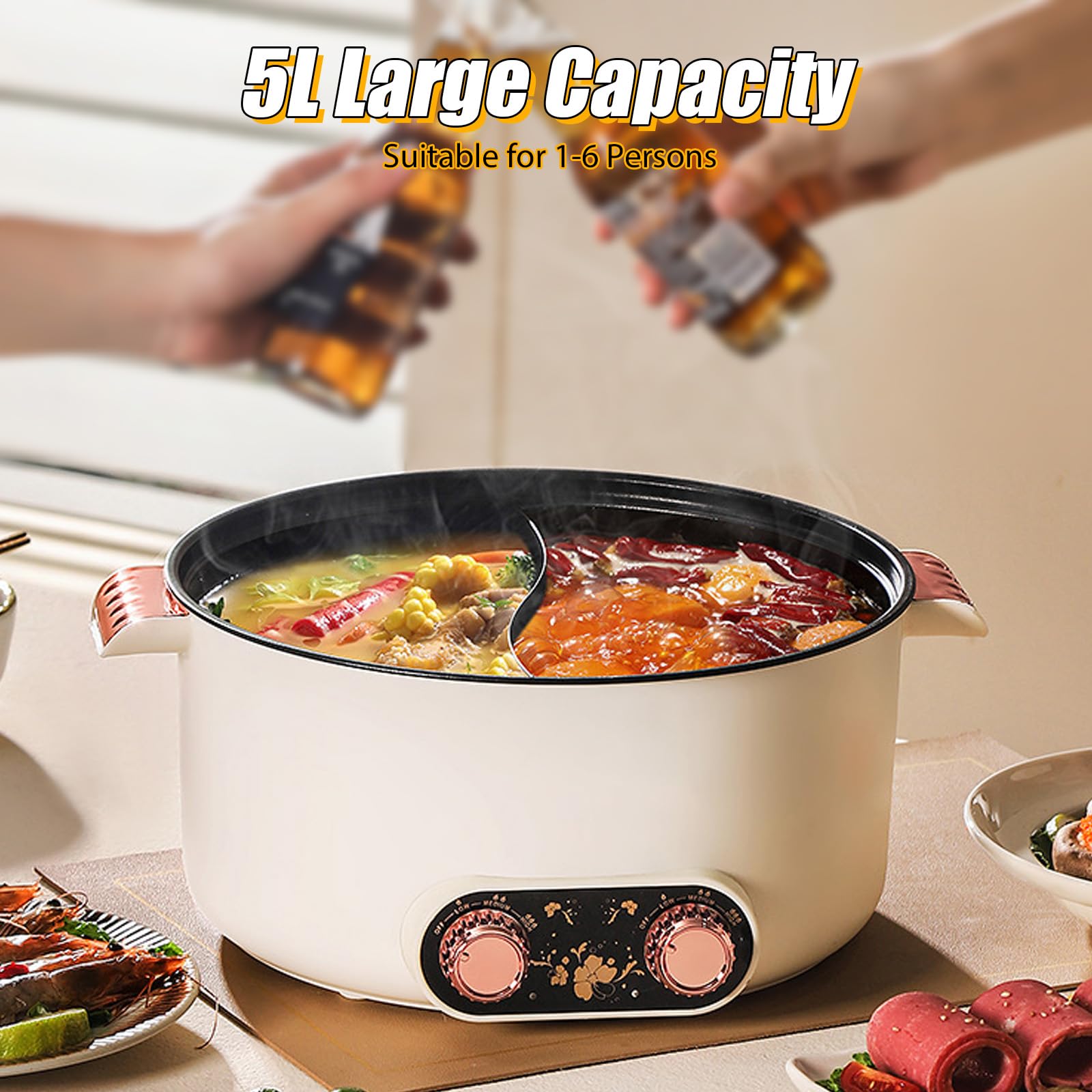 Casserole électrique à 2 côtés avec deux régulateurs 5 L marmite électrique 1350 W trois réglages de puissance poêle à frire antiadhésive multifonction rapide poêle à soupe pour rôtir ramen