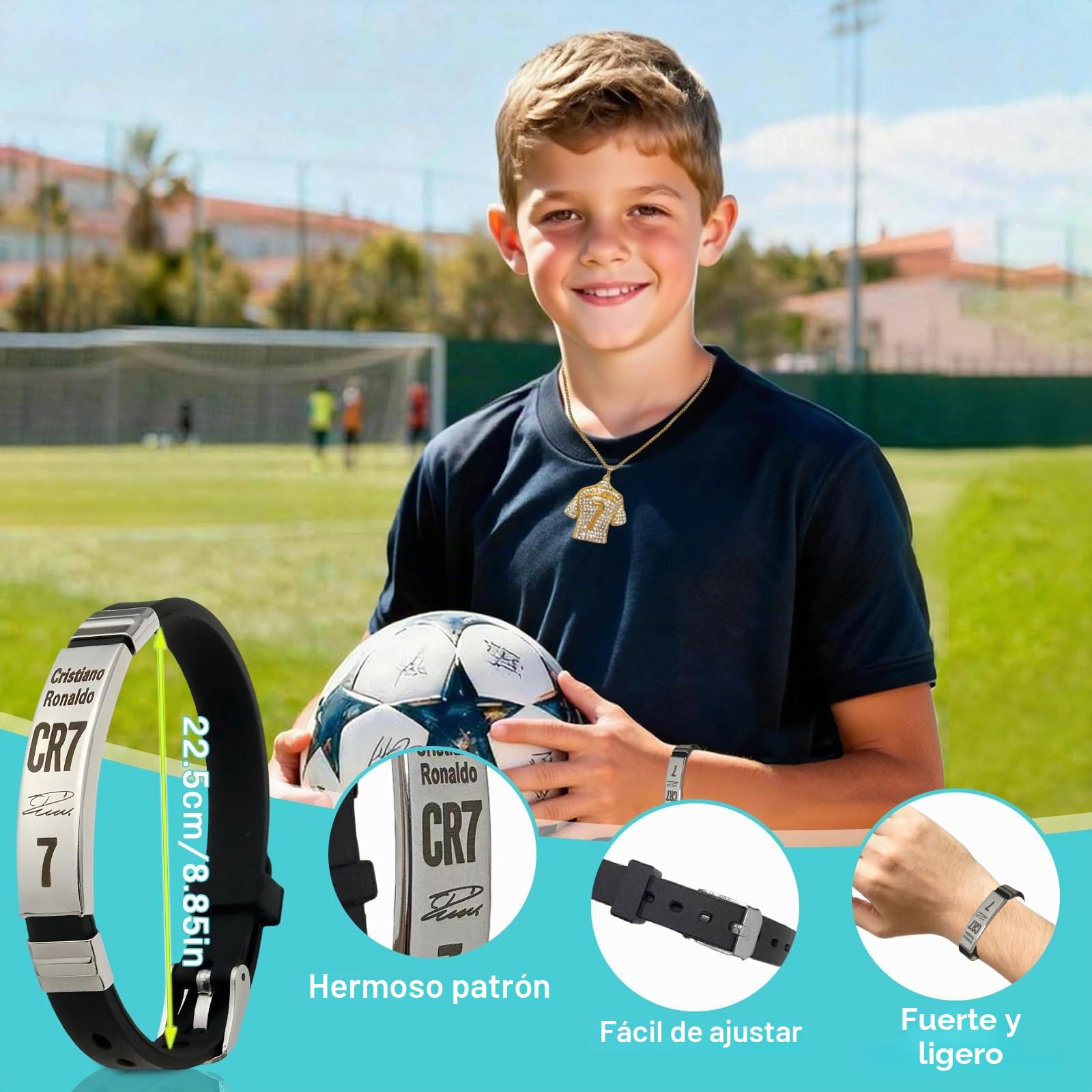 Juego de accesorios de fútbol de 3 piezas con pulsera CR7 negra y 3D dorada, emblema ajustable para aficionados al fútbol y jugadores, pulsera de fútbol, camiseta de fútbol, collar de 7 cadenas de