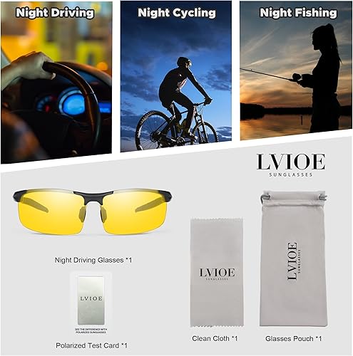 Vista 6 de LVIOE Gafas de visión nocturna para conducir hombres Al-Mg gafas deportivas amarillo antirreflejo polarizado metal envolvente marco N8177
