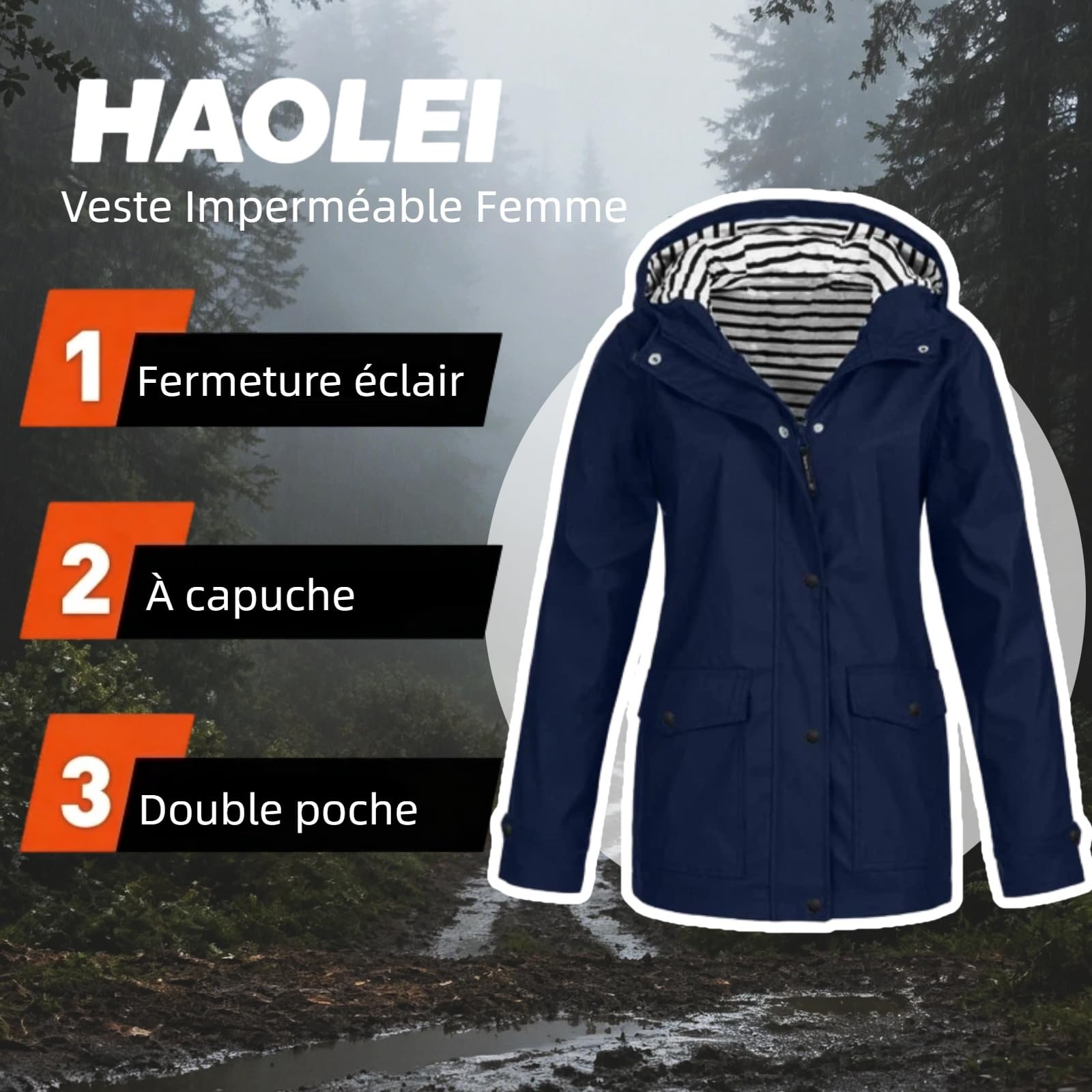 HAOLEI Veste ImperméAble Longue Pour Femme Parka Mi Saison Vestes à Capuche ZippéE Manteau De Pluie Coupe Vent Avec Poches Et Cordon Couleur Unie LéGèRe Manches Longues Blouson D'ExtéRieur Jacket