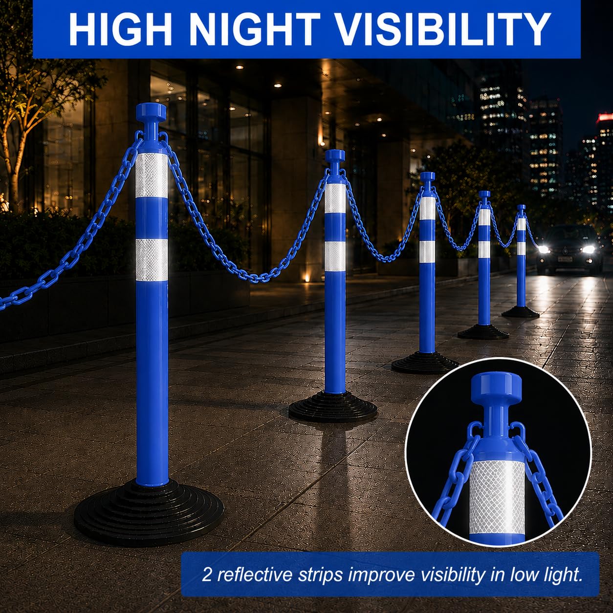 Set de 6 postes de seguridad de 99,6 cm con cadenas de plástico de 2 m, portátiles, para delimitación de áreas, obras, parkings y eventos (Azul y blanco)