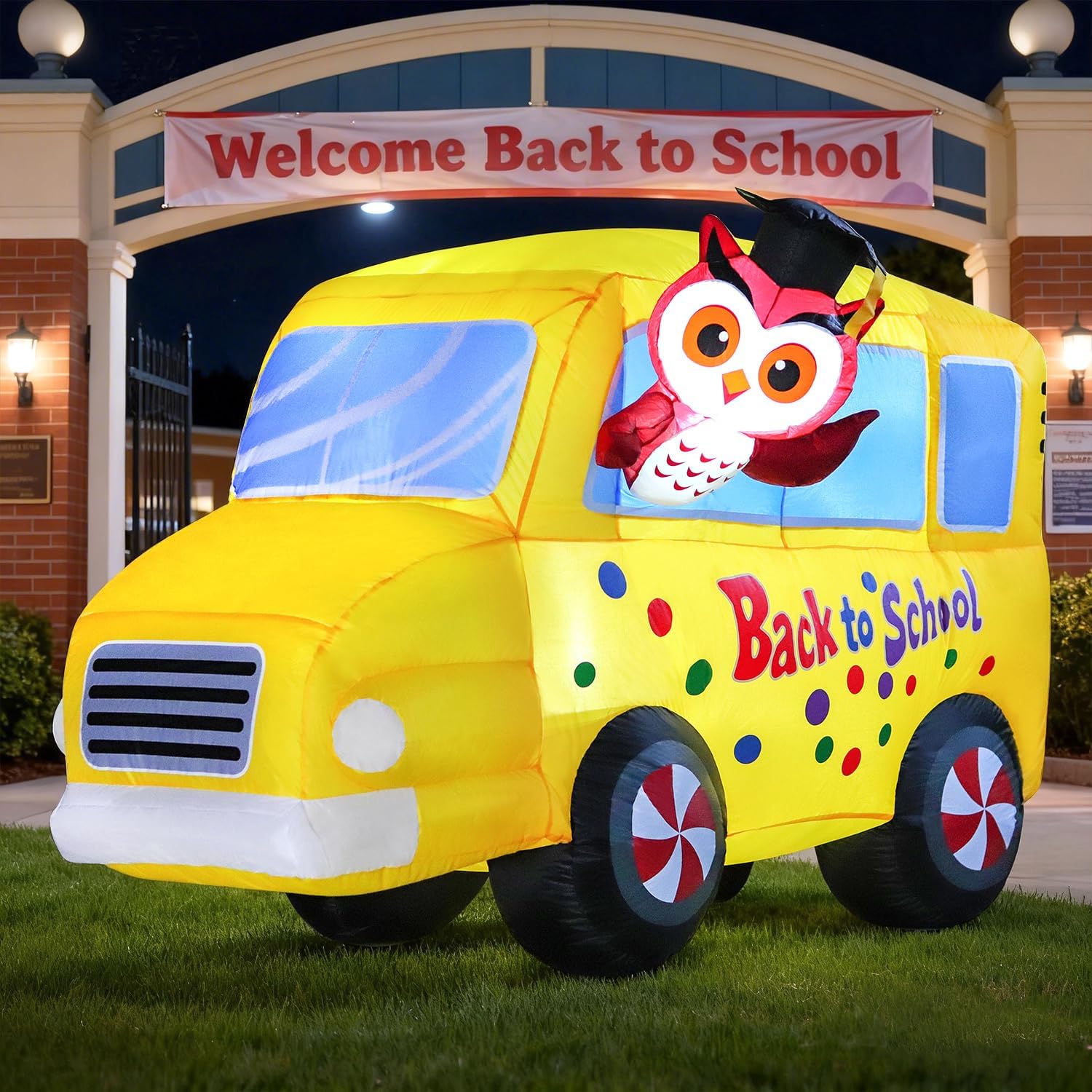 DomKom 6FT Back to School Inflatable Professor Owl & School Bus with LED Lights – Blow Up Decor for Kindergarten First Day, Welcome Back & Graduation Parties, Ideal for Patio, Garden & Yard Décor