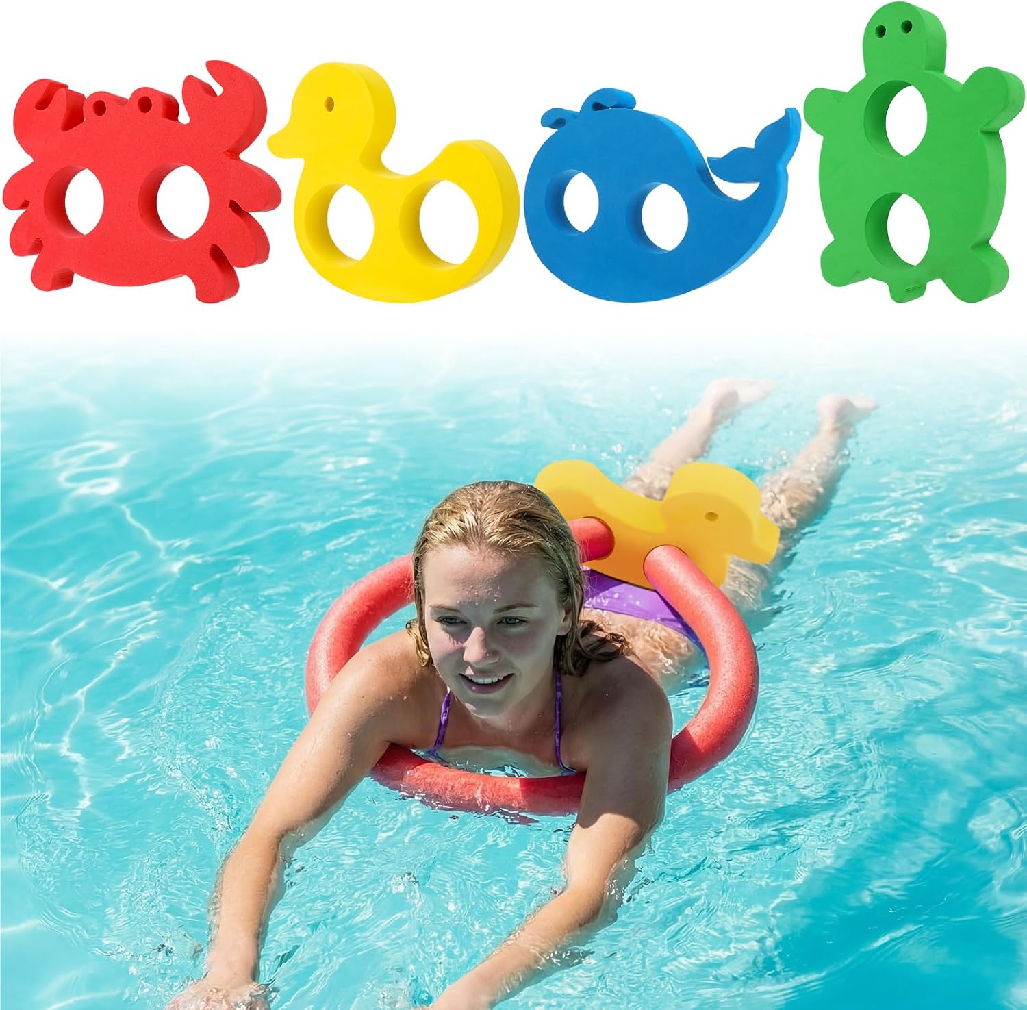 Soulchen 4 Pack EVA Pool Noodle Floating Connectors Animal Shaped Swimming Float Connectors (Duck, Crab, Whale, Turtle) for Rafts Toys Swim Training and Pool Games