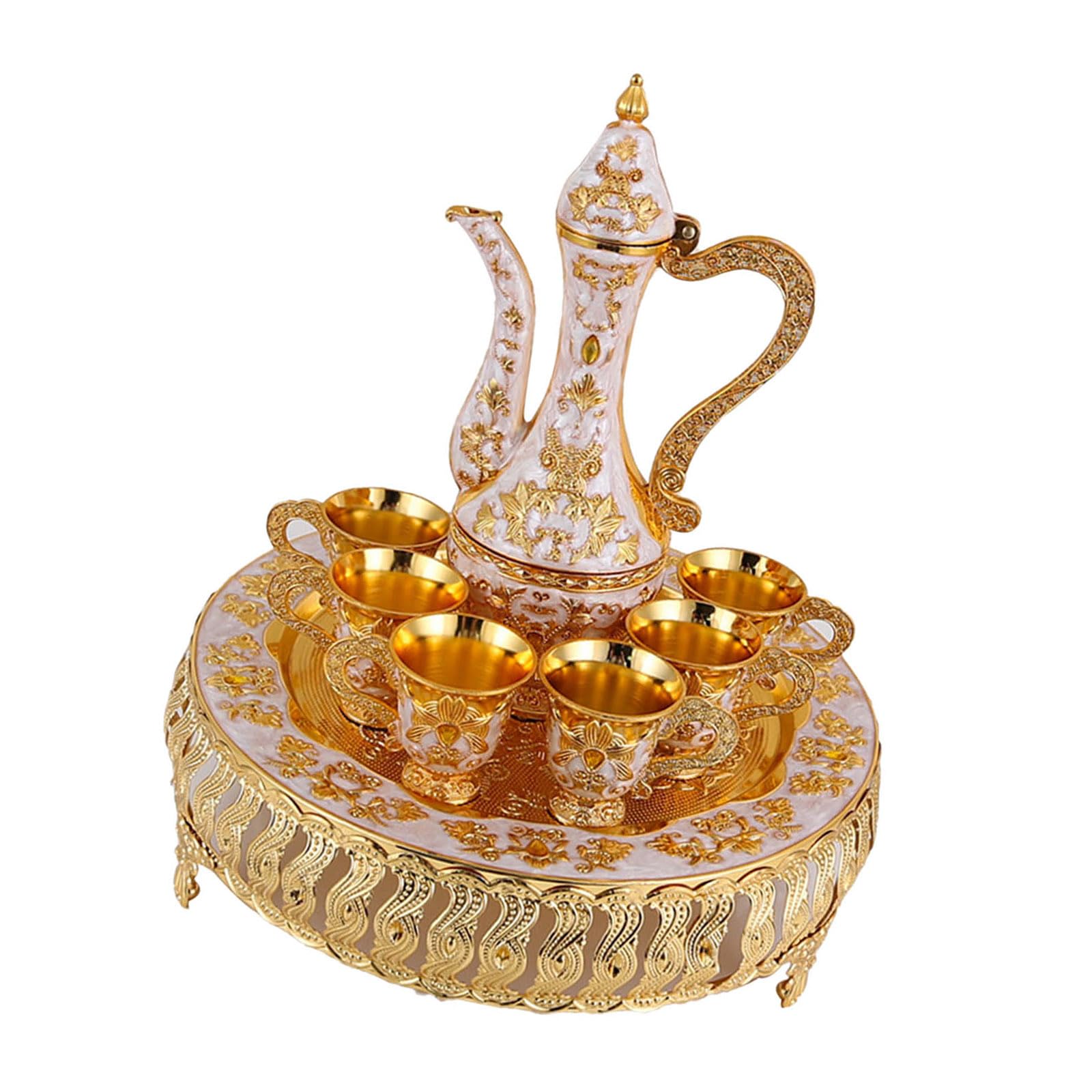 Qusinfc Embossing Wine Accessories Set Metal Pots with Embossing Florals Pattern and Matching Cups Elegant Barwares Metal Club Set