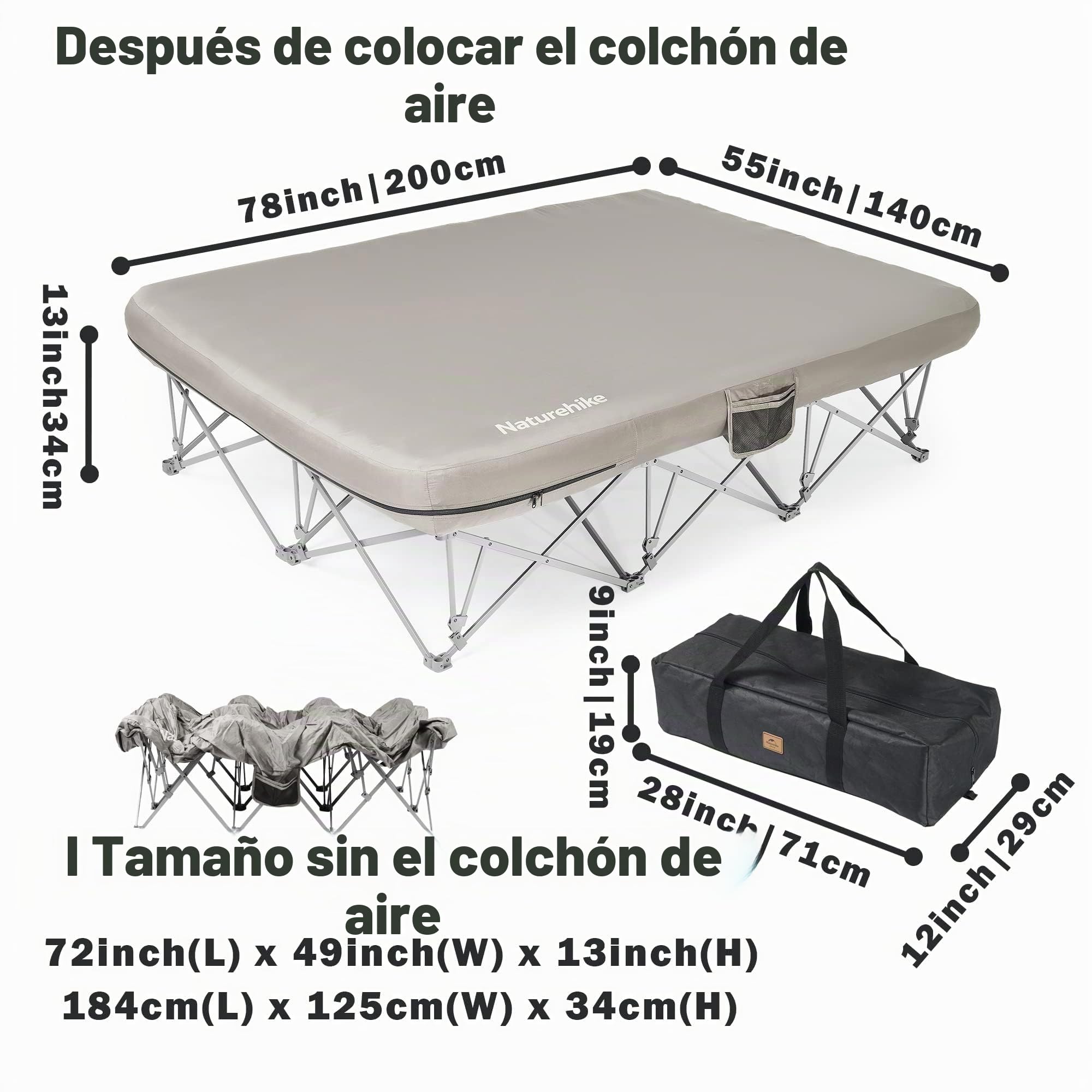 Naturehike Cama de camping plegable para 2 personas, estructura plegable de tamaño completo con bolsillo lateral y bolsa de transporte, solo colchón de aire no incluido