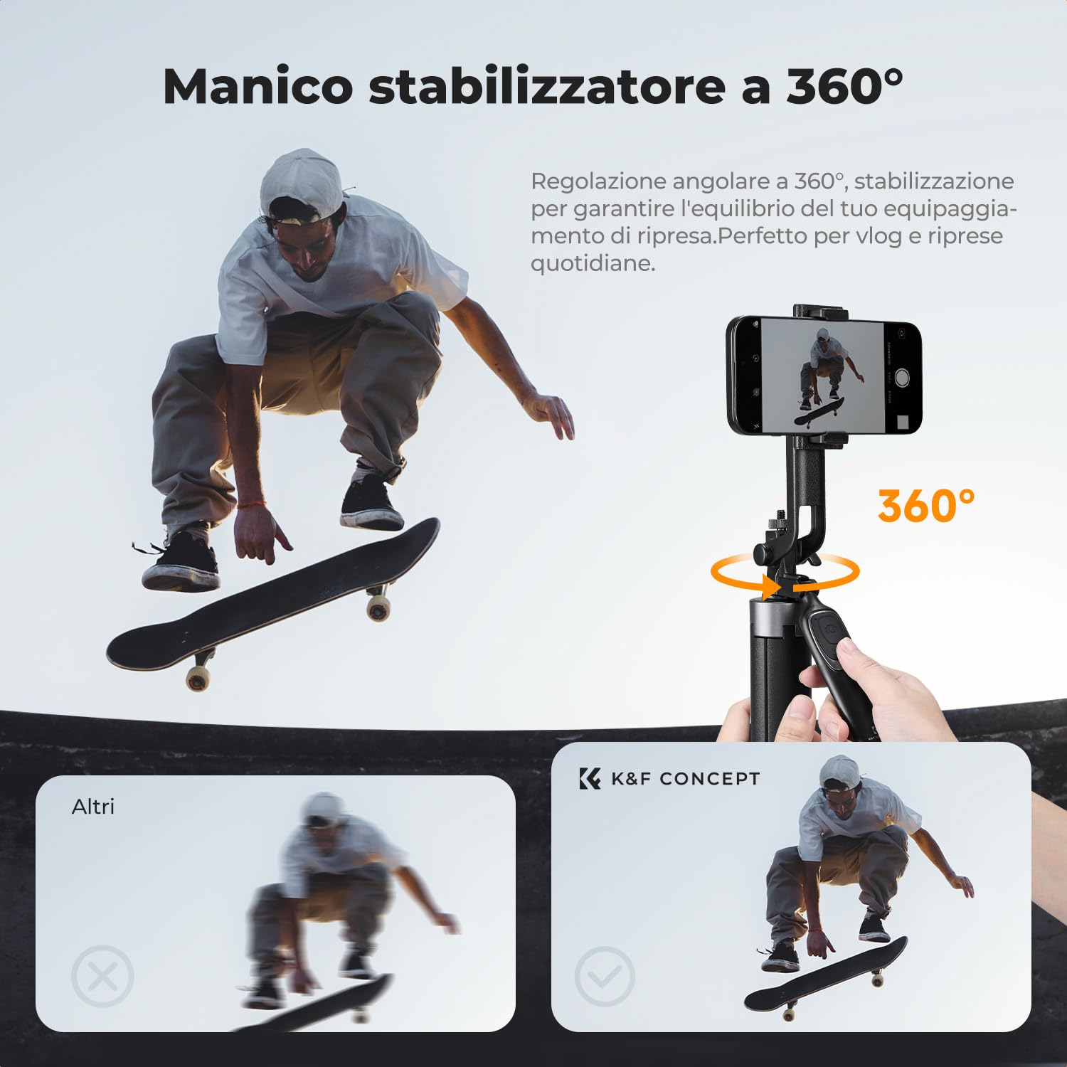 K&F CONCEPT 177cm Treppiede per cellulare, Adatto per DJI OSMO POCKET 4&3, 4 Gambe e Maniglia Stabilizzatrice, Telecomando Bluetooth, Rotazione 360°, Bastone Selfie per iPhone e Android, Viaggi e Vlog