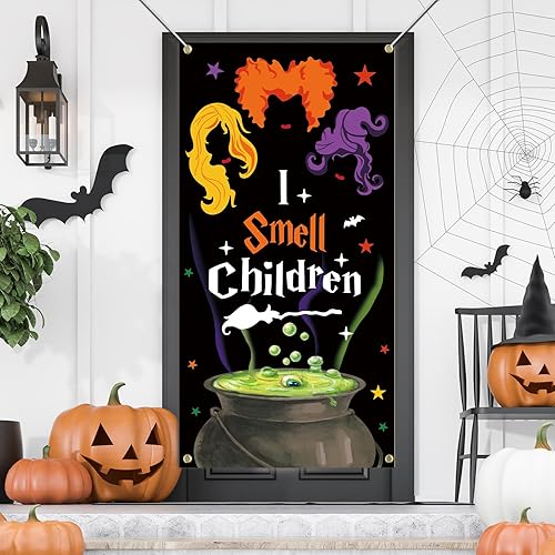 SENSEVEN Cartel para puerta de Halloween con texto en inglés "I Smell Children, cubierta de puerta de bienvenida de bruja de Halloween, escoba de